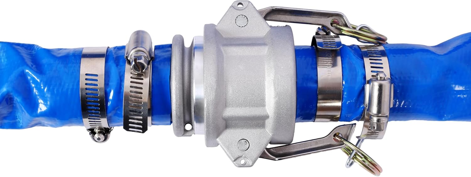 2"X100FT Filter Backwash Hose, Blue Heavy Duty Reinforced PVC Lay Flat Water Discharge Pump Hoses for Swimming Pool Filter Pump,with Aluminum Camlock C and E Fittings