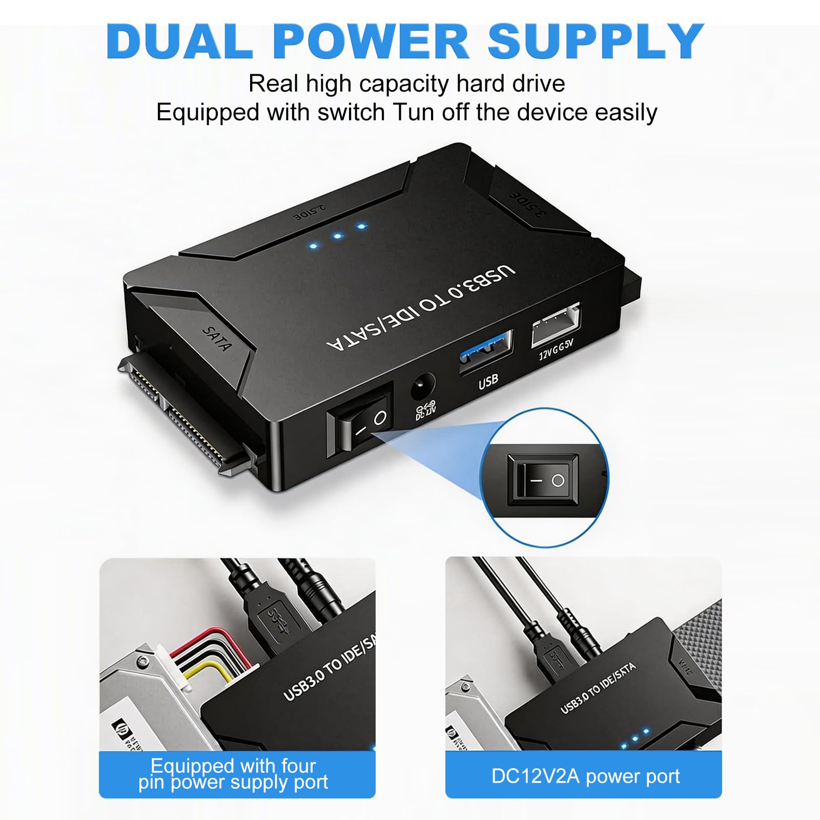 Adattatore universale da USB 3.0 a IDE e SATA Hard Drive IDE a USB e SATA a USB con alimentatore, lettore di dischi rigidi esterni per HDD SSD da 2,5/3,5 pollici