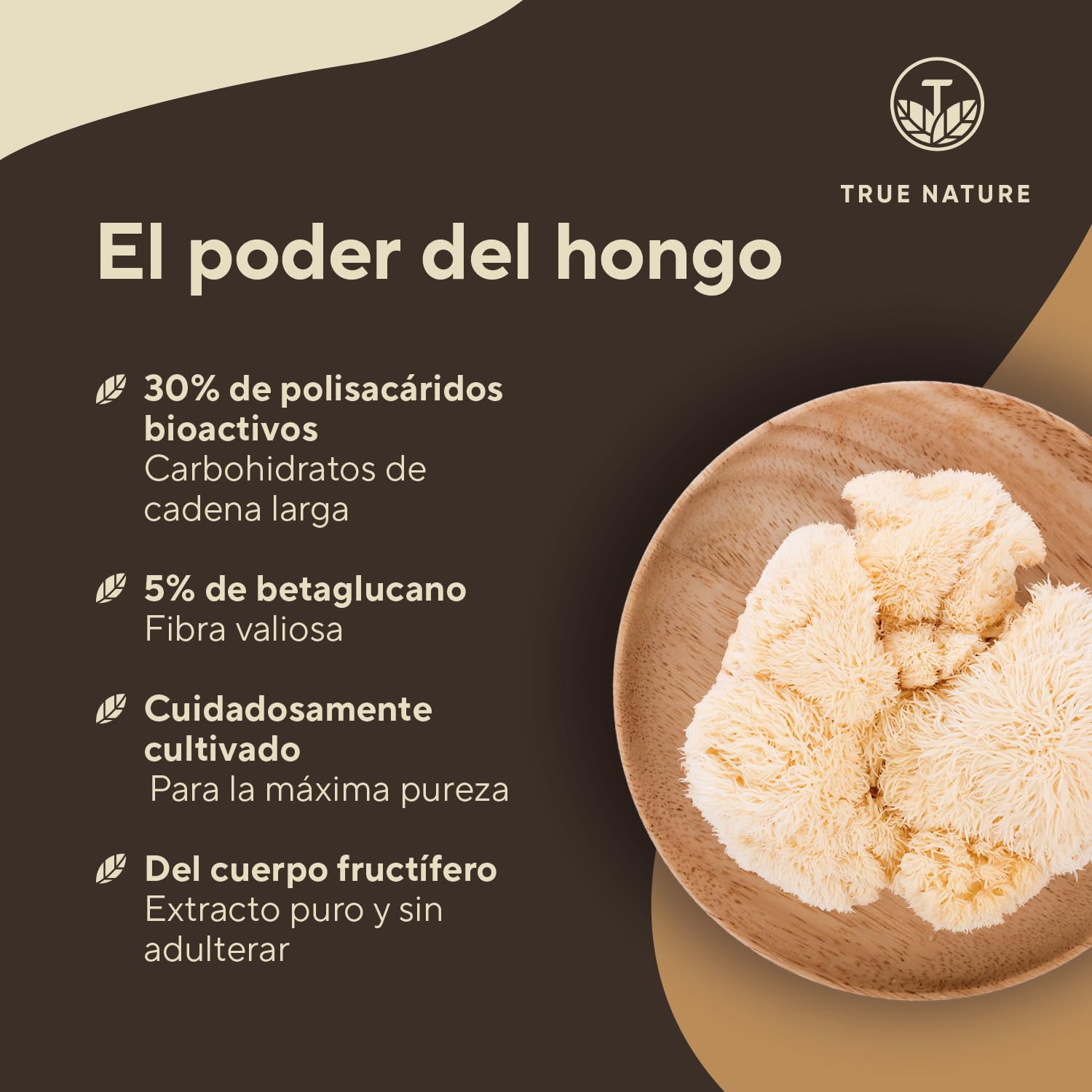 Melena de León 60.000mg (Extracto 30:1) - 360 cápsulas - Lions mane (Hericium Erinaceus) con 30% de polisacáridos y 5% de betaglucano - vegano – TRUE NATURE