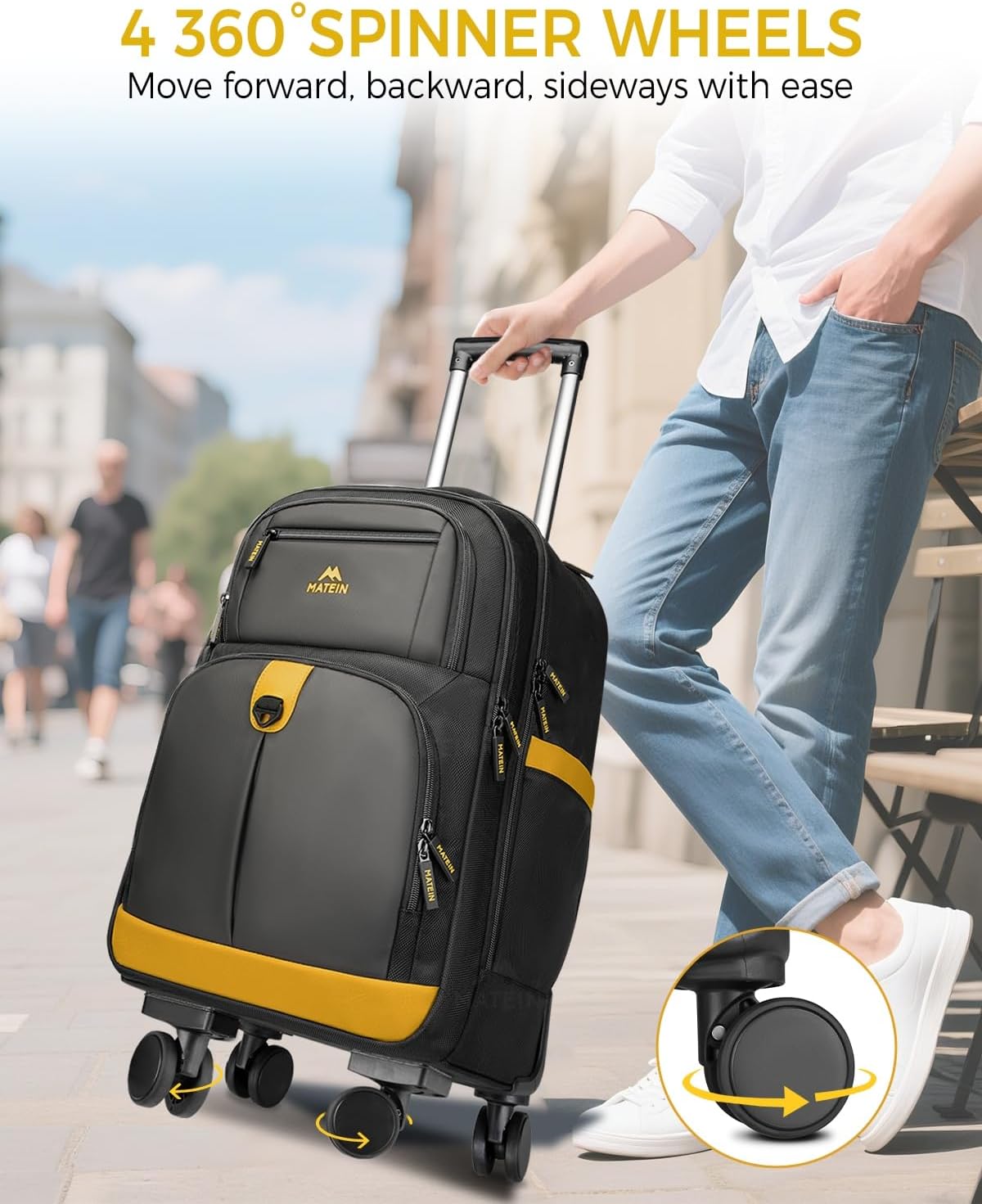 MATEIN Rolling Backpack with 4 Spinner Wheels, 17 Inch Backpack on Wheels with Shoulder Straps, Water Resistant Rolling Computer Bag Carry On Luggage, Business Travel Roller Laptop Bag for Women Men