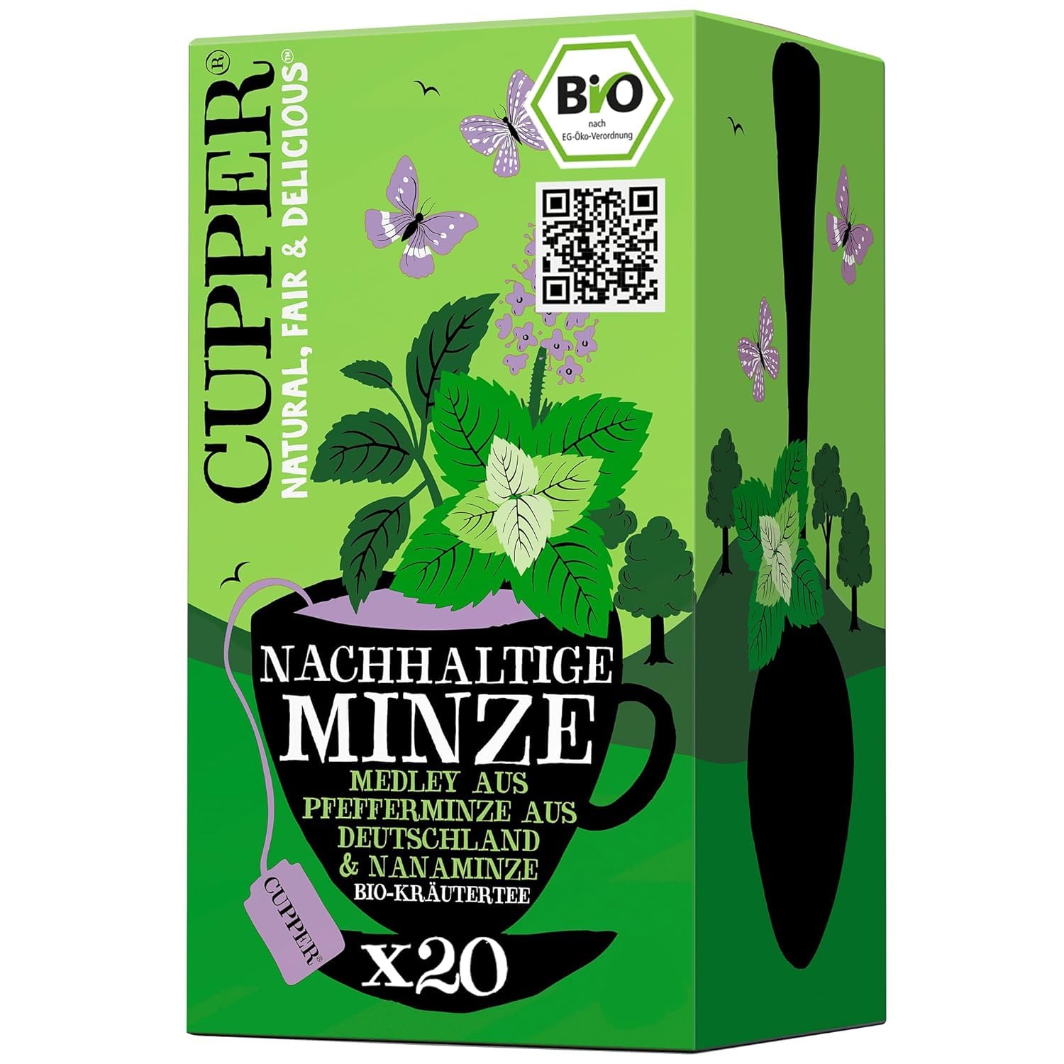 Cupper Bio-Kräutertee Nachhaltige Minze, Ohne Süßholz, 20 ungebleichte plastikfreie Teebeutel, fair gehandelt
