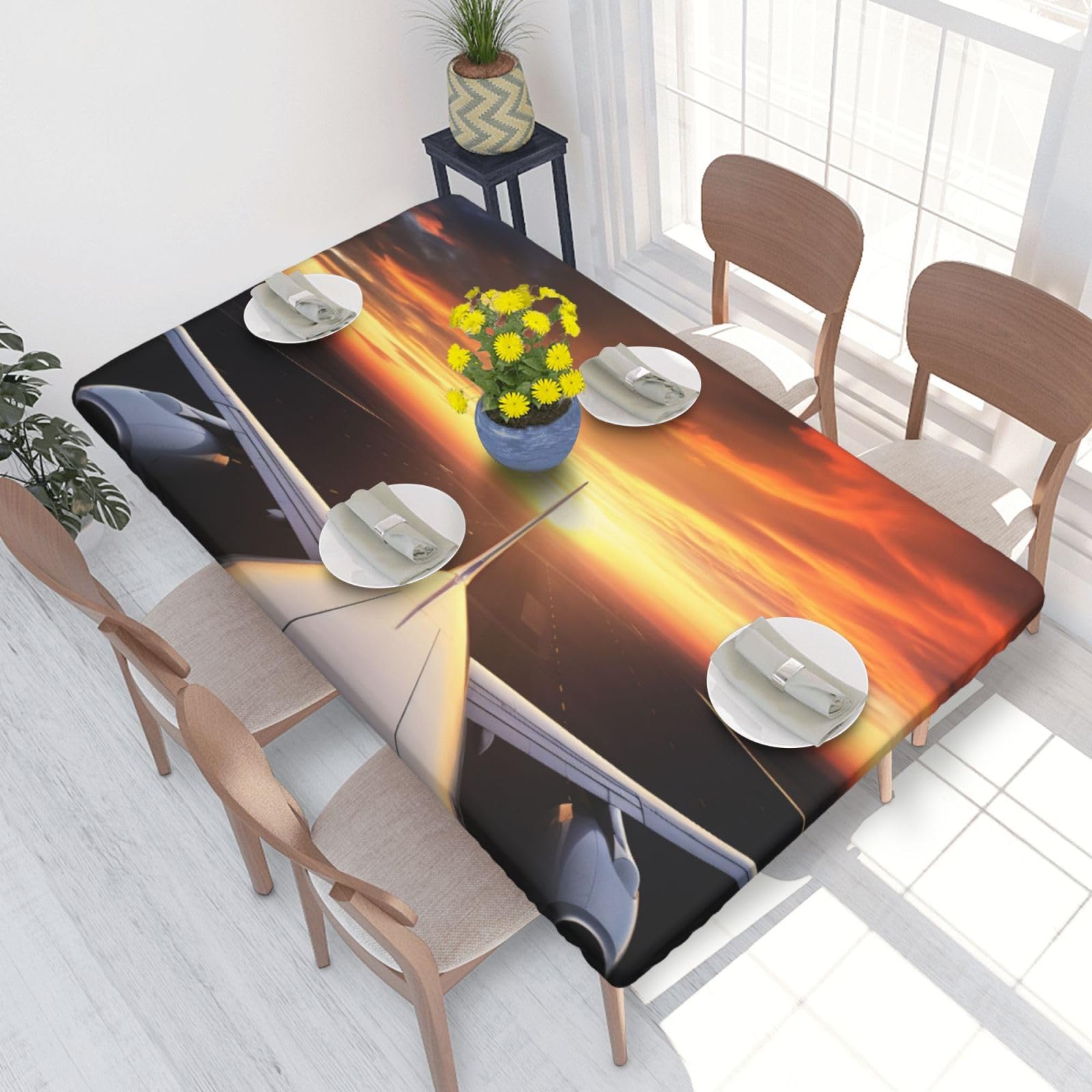 DCARSETCV airplane sunset Printed 4FT Waterproof Tablecloth with Elastic Edged Protect & Decor Your Table, Oil-proof Washable Table Cloth Cover for Dinner Picnic Party