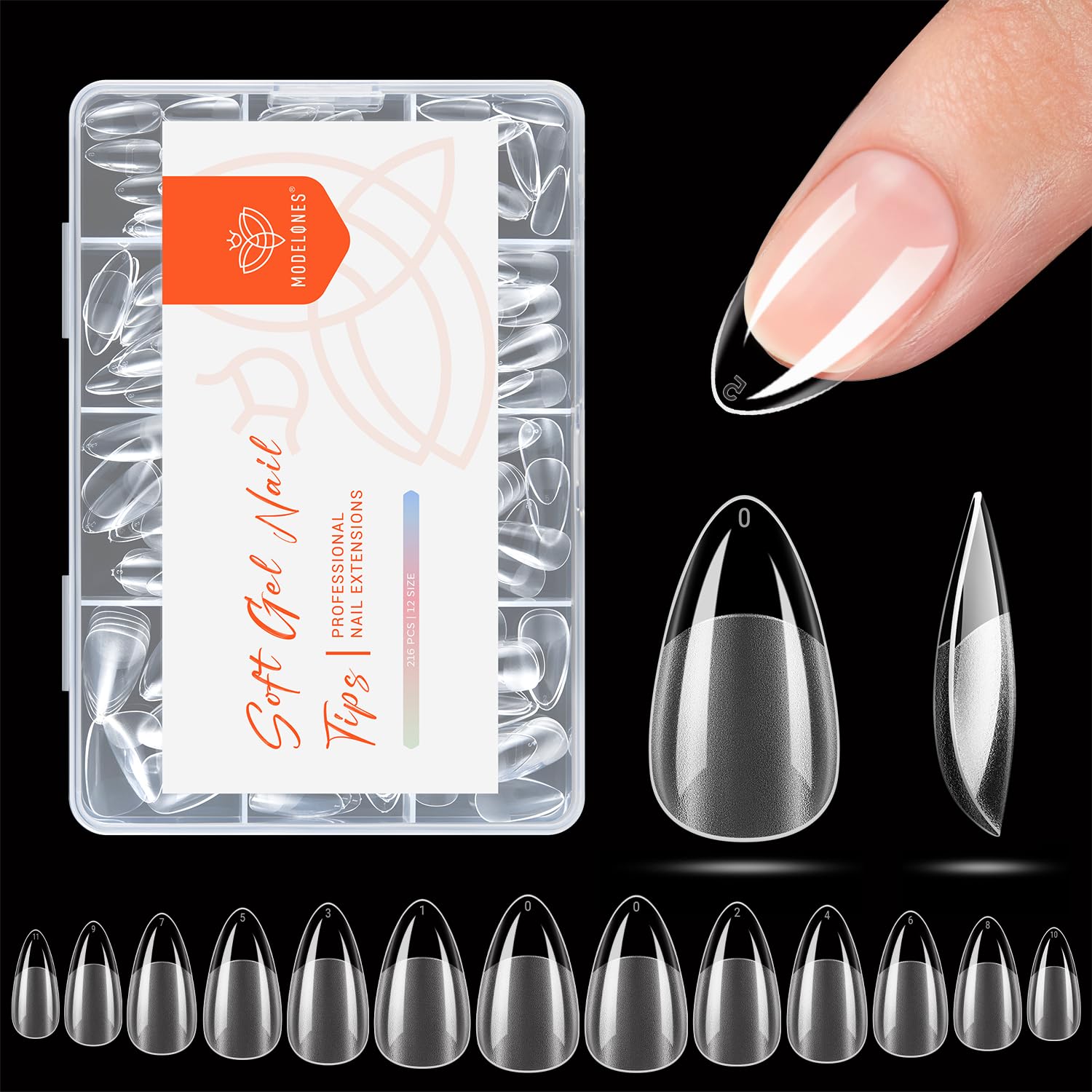 modelones Short Almond Nail Tips, Pre-shaped Soft Gel Tips Fake Nails False Acrylic Clear Full Cover Press on Extension Kit Gel Manicure DIY at Home 216PCS 12Sizes