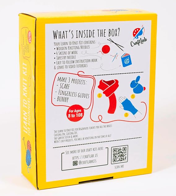 CraftLab Knitting Kit - Beginner Knitting Supplies with Wool Yarn, Needles, Instructions, DIY Gift