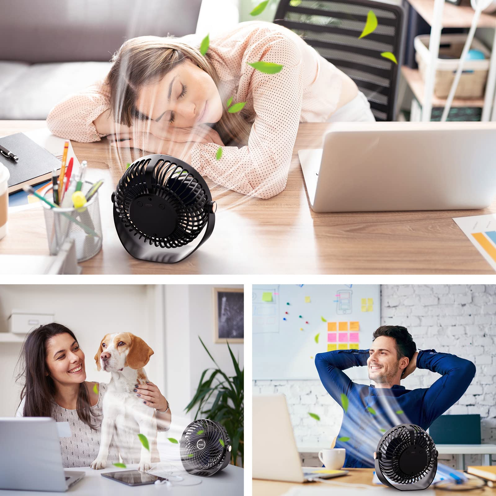 KICLBD M93 Mini wentylator z 5 prędkościami, silny przepływ powietrza, chłodzenie, przenośny i bardzo cichy, obracana o 360° głowica, ładowanie USB, do domu, biura, sypialni, biblioteki, czarny