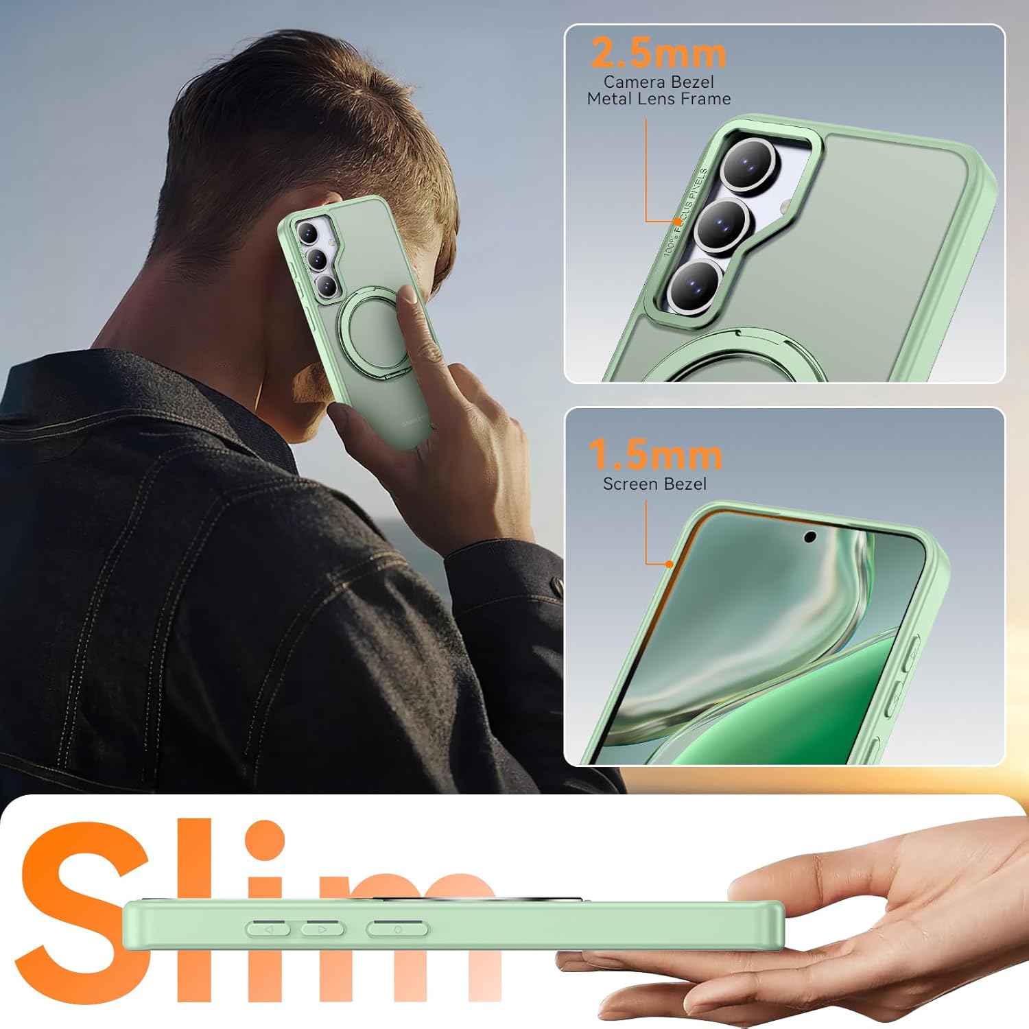 Oneagle 360° Spin Magnetic Stand for Samsung Galaxy S25 Case Translucent [Fit for Magsafe], Matte Hard Back Slim S25 Phone Case 6.2" with [Rotatable Kickstand Ring] [15FT Mil-Grade Shockproof]-Green - Image 7