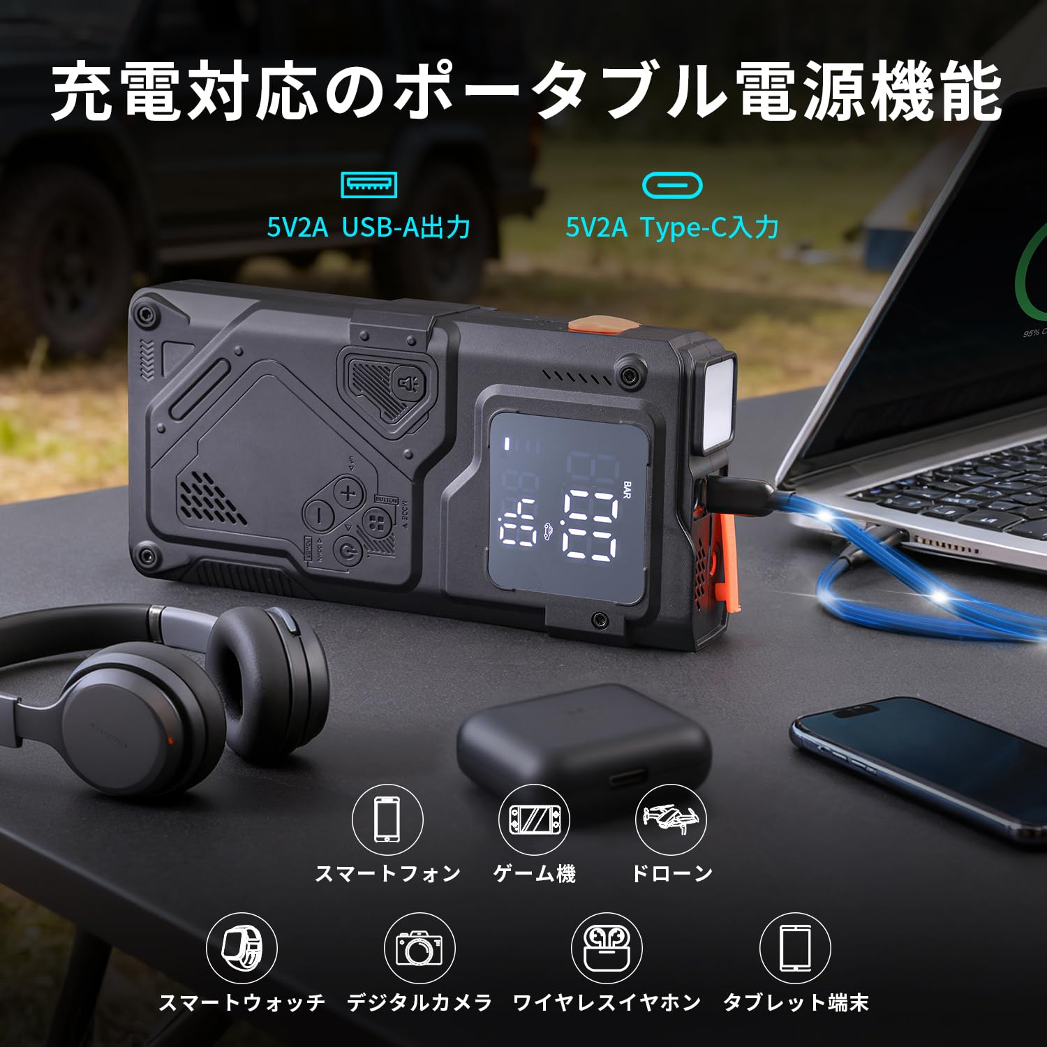 Amazon | ジャンプスターター 電動空気入れ エアコンプレッサー搭載