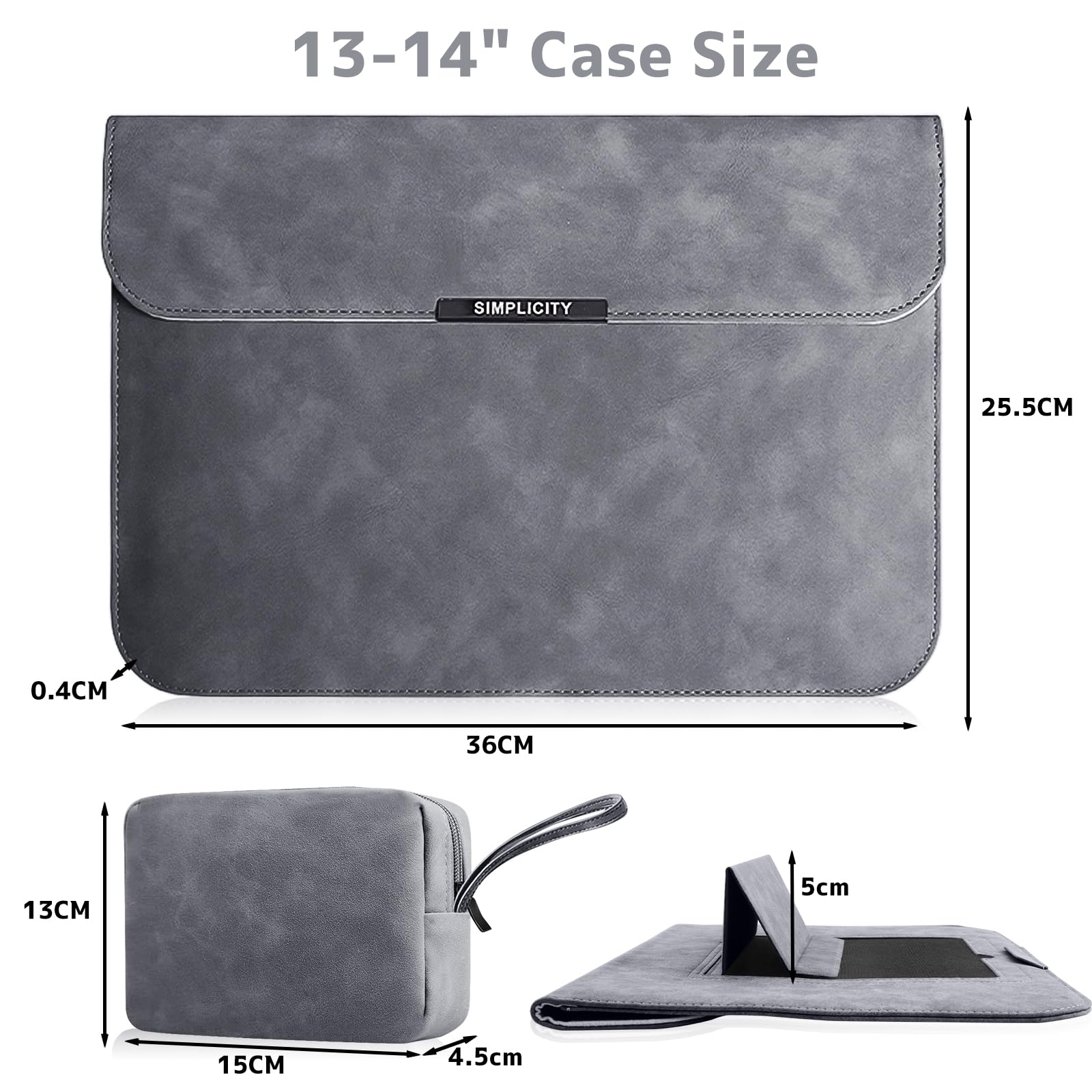 Housse pour Laptop avec Stand 13-14 Pouces PU Cuir pour MacBook Pro 13" 14" M5/M4/M3/M2/M1 Pro/Max, MacBook Air 13" 13,6" M5/M4/M3/M2/M1 - Gris