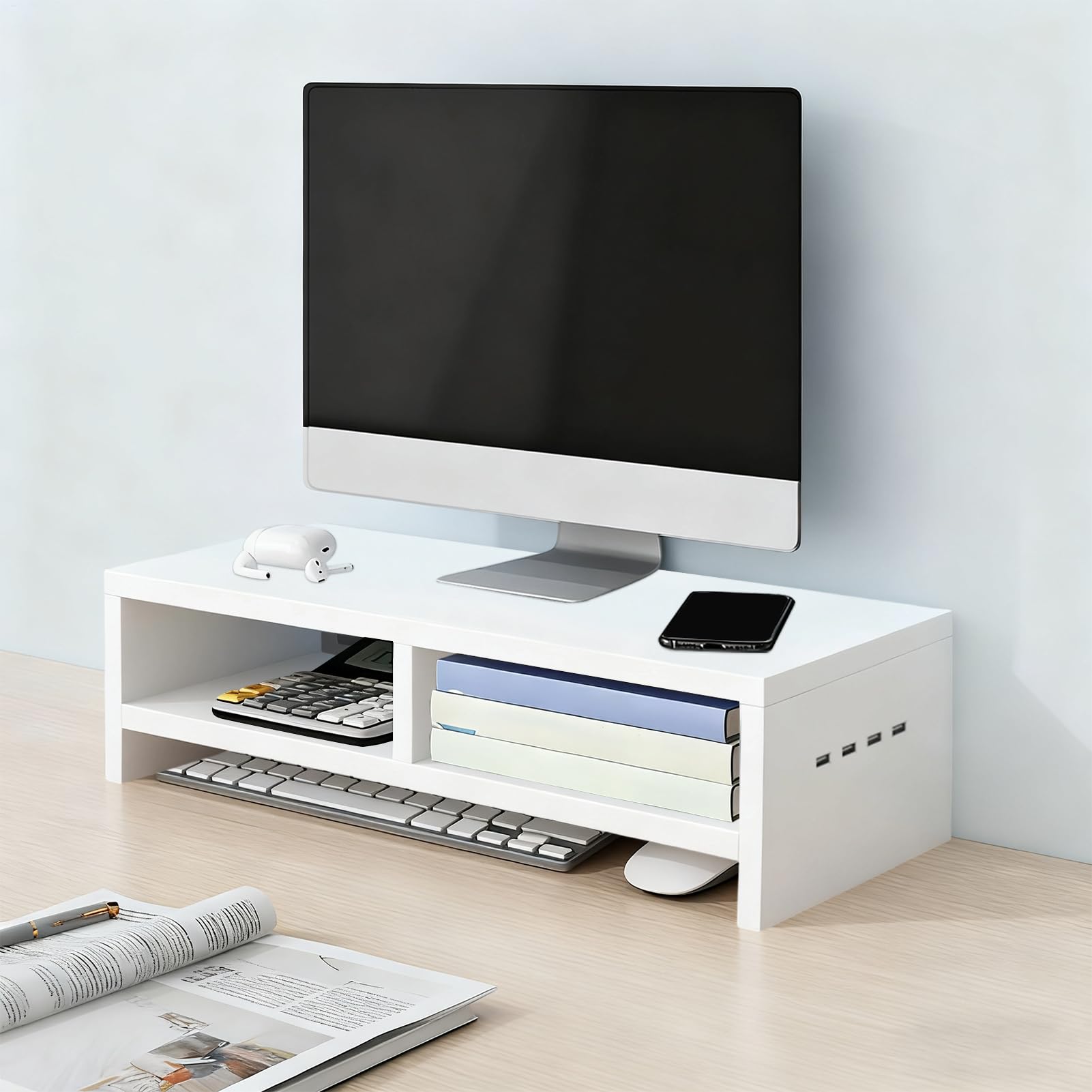 Alzaschermo Computer 2 Con 4 Porte USB Antiscivolo | Organizzatore Ufficio Con Alzaschermi Da Scrivania Per Insegnanti Studenti Stampanti Laptop Cameretta Sala Giochi Cabina
