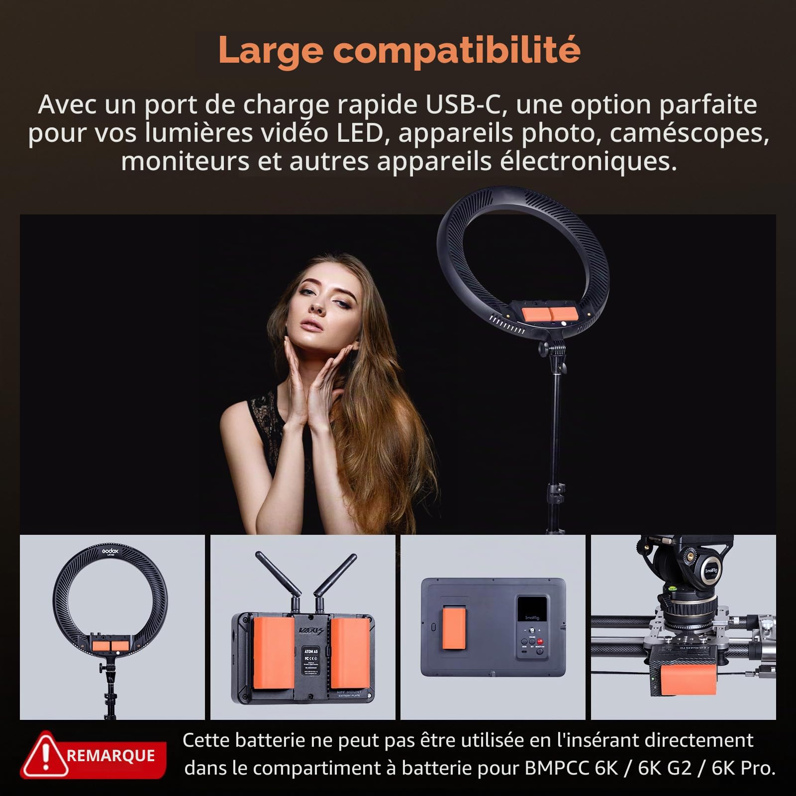 SMALLRIG Batterie 3500mAh USB-C pour Sony Compatible avec NP-F550 F750 F970, 3H Charge Complète, Batterie pour Moniteur, Lampe Vidéo, Caméscope, Téléphone, Pas pour BMPCC 6K, Orange - 4971