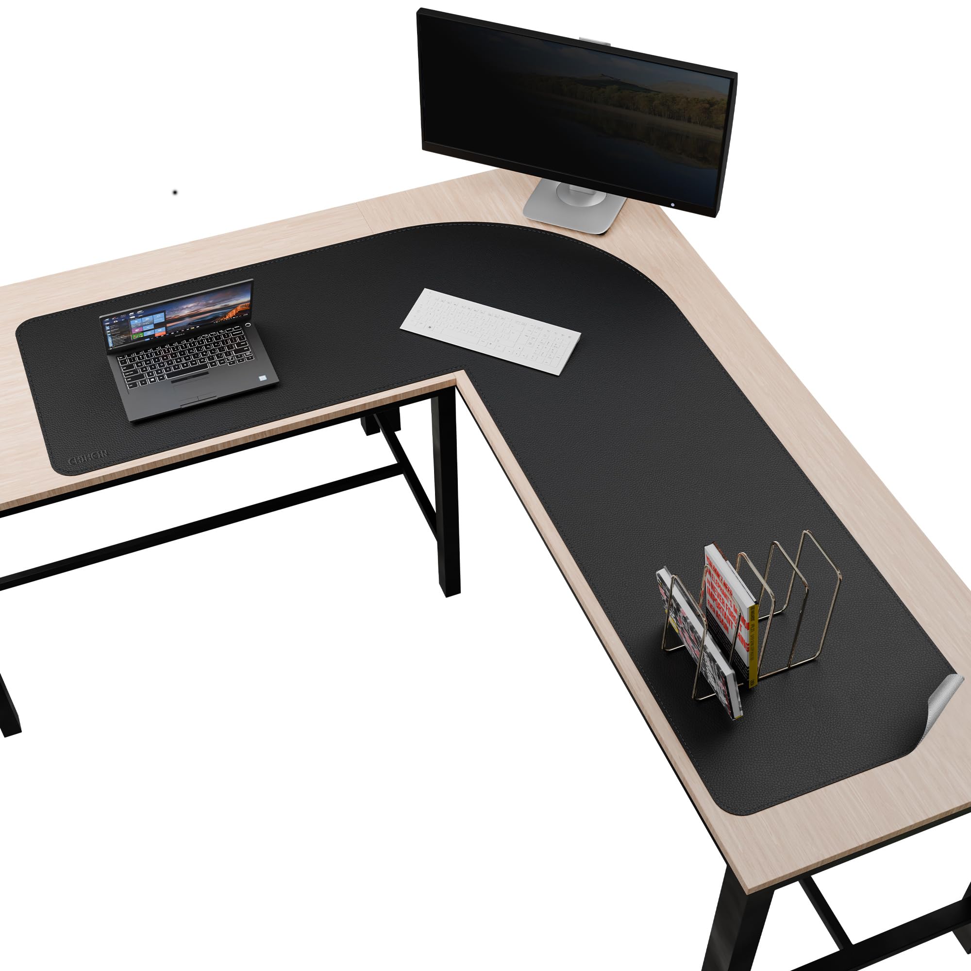 Chihein Sottomano da scrivania in pelle a forma di L, 135 cm x 165 cm x 50 cm, grande tappetino angolare da gioco, superficie antiscivolo, impermeabile, facile da pulire, perfetto per l'ufficio e la