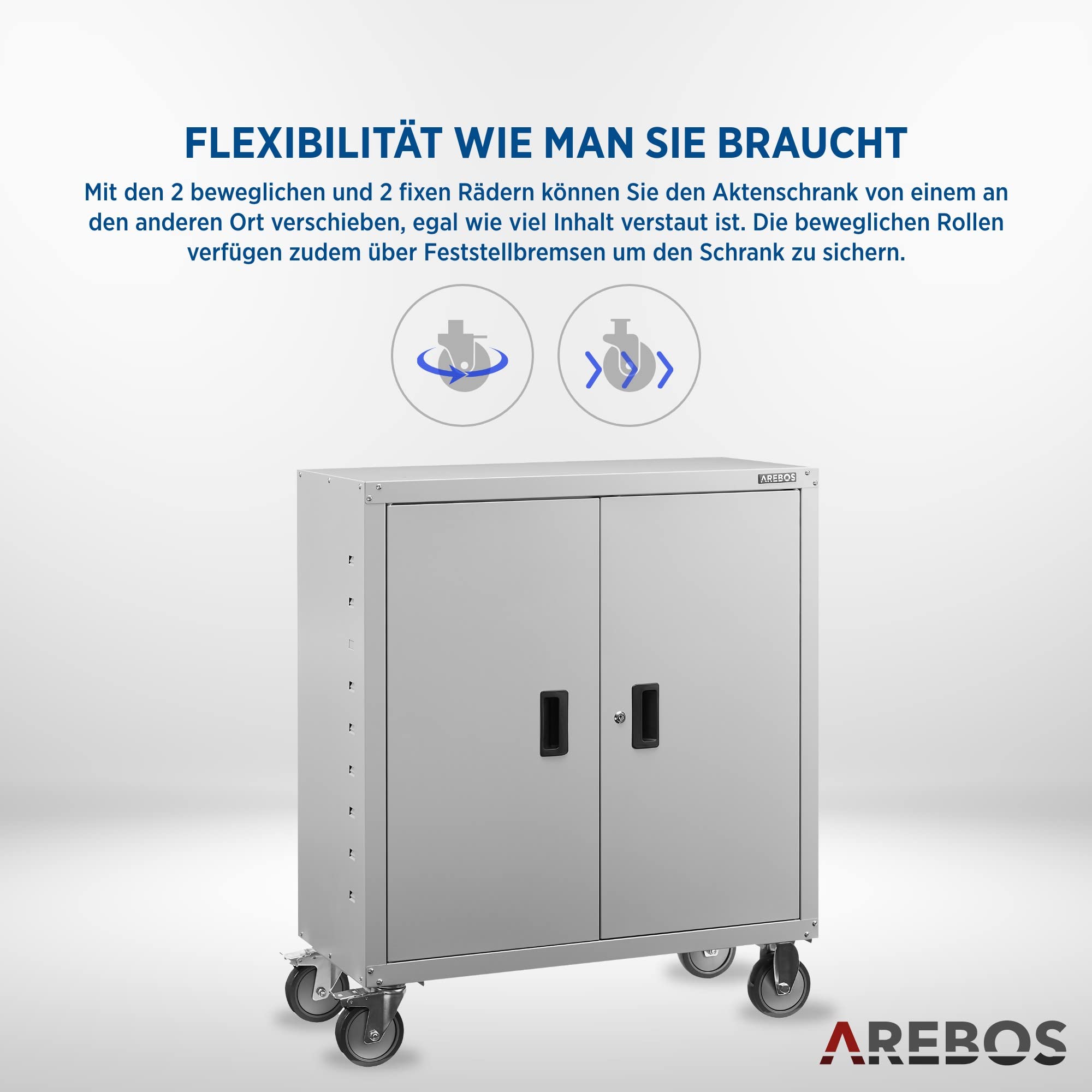Arebos Aktenschrank | Büroschrank | Lagerschrank | Materialschrank | Stahlschrank | Höhenverstellbarer Einlegeboden | 90x90x40cm | Rollen-Set | Grau