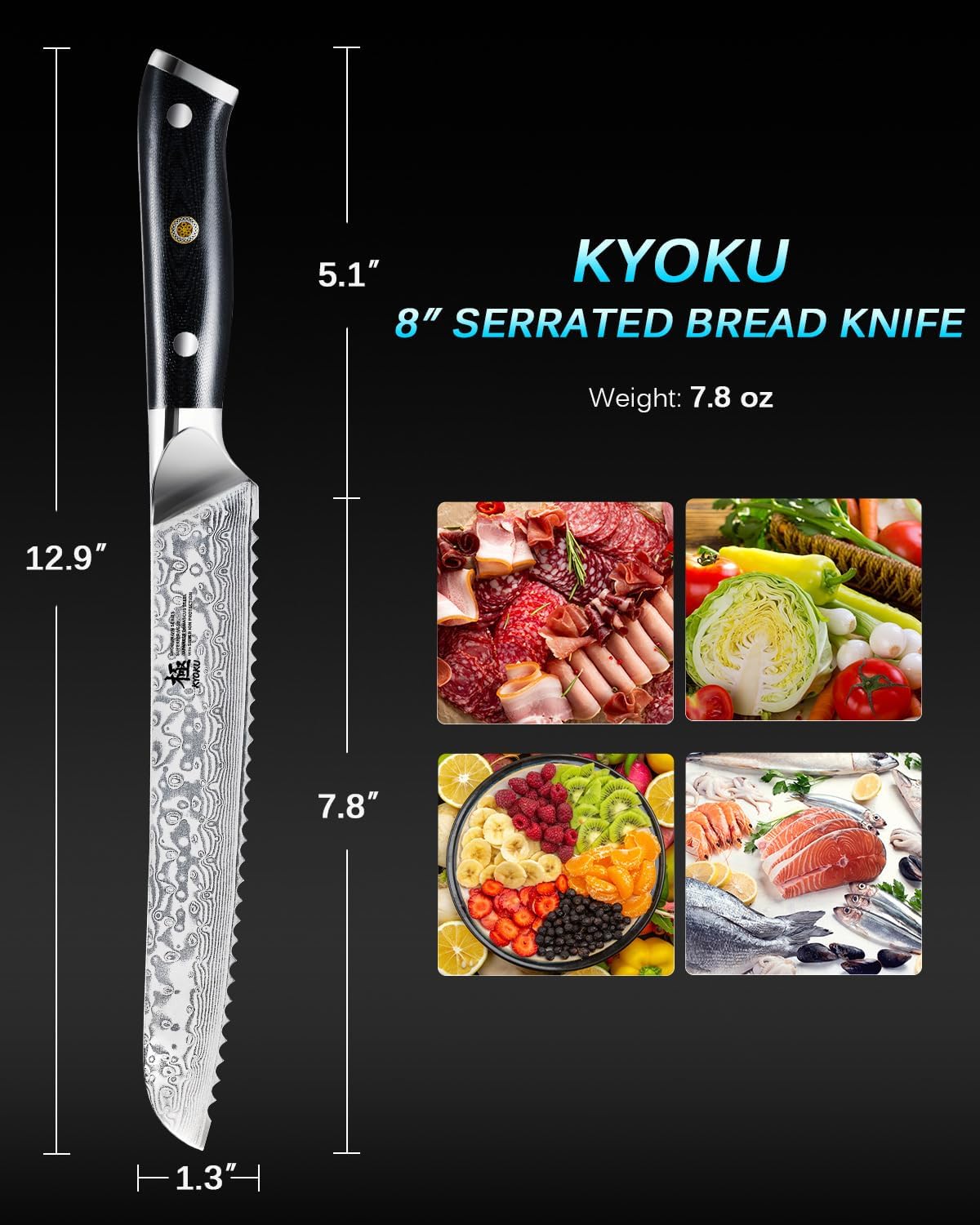 KYOKU 8" Serrated Bread Knife - Gin Series - VG10 Damascus Japanese Style Steel Kitchen Knife with Silver Ion Blade G10 Handle Mosaic Pin, Professional Razor-Sharp Bread Cutting Slicing - Image 5