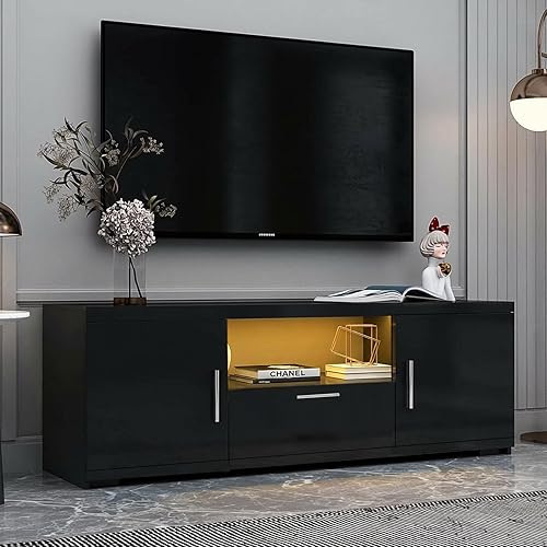 Moderno soporte de TV de 51 pulgadas con luces LED RGB, armario de almacenamiento y estantes de vidrio para televisores de 32 a 55 pulgadas, centro