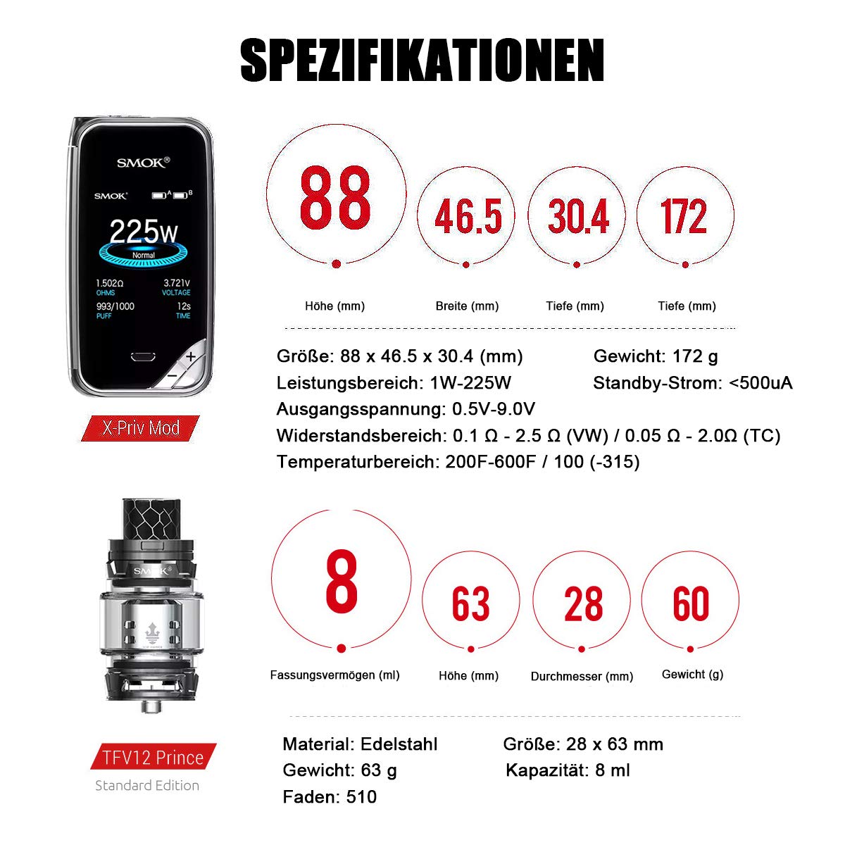 Sigaretta Elettronica, Authentic Smok 225W X Priv Kit, Vapes Starter Kit  con 8ml TFV12 Prince Tank e Colorfulscreen, senza nicotina, senza liquido  (Gun Metal) : Amazon.it: Elettronica