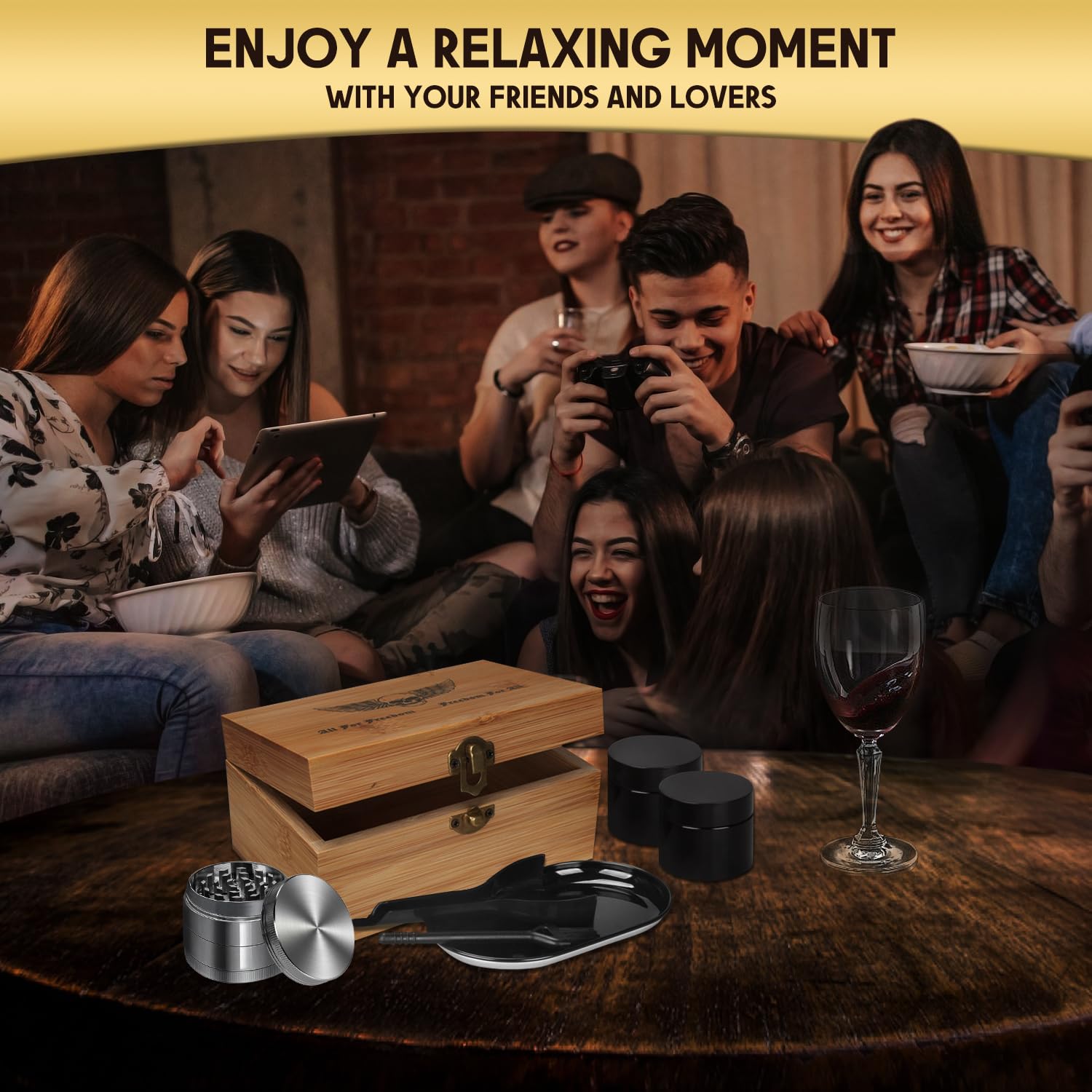 LANJEPMY Portable Vintage Bamboo Storage Box Tray Set with Hinged Lid Front Clasp, Decorative Box with All Accessories for Home, Great Gift Set