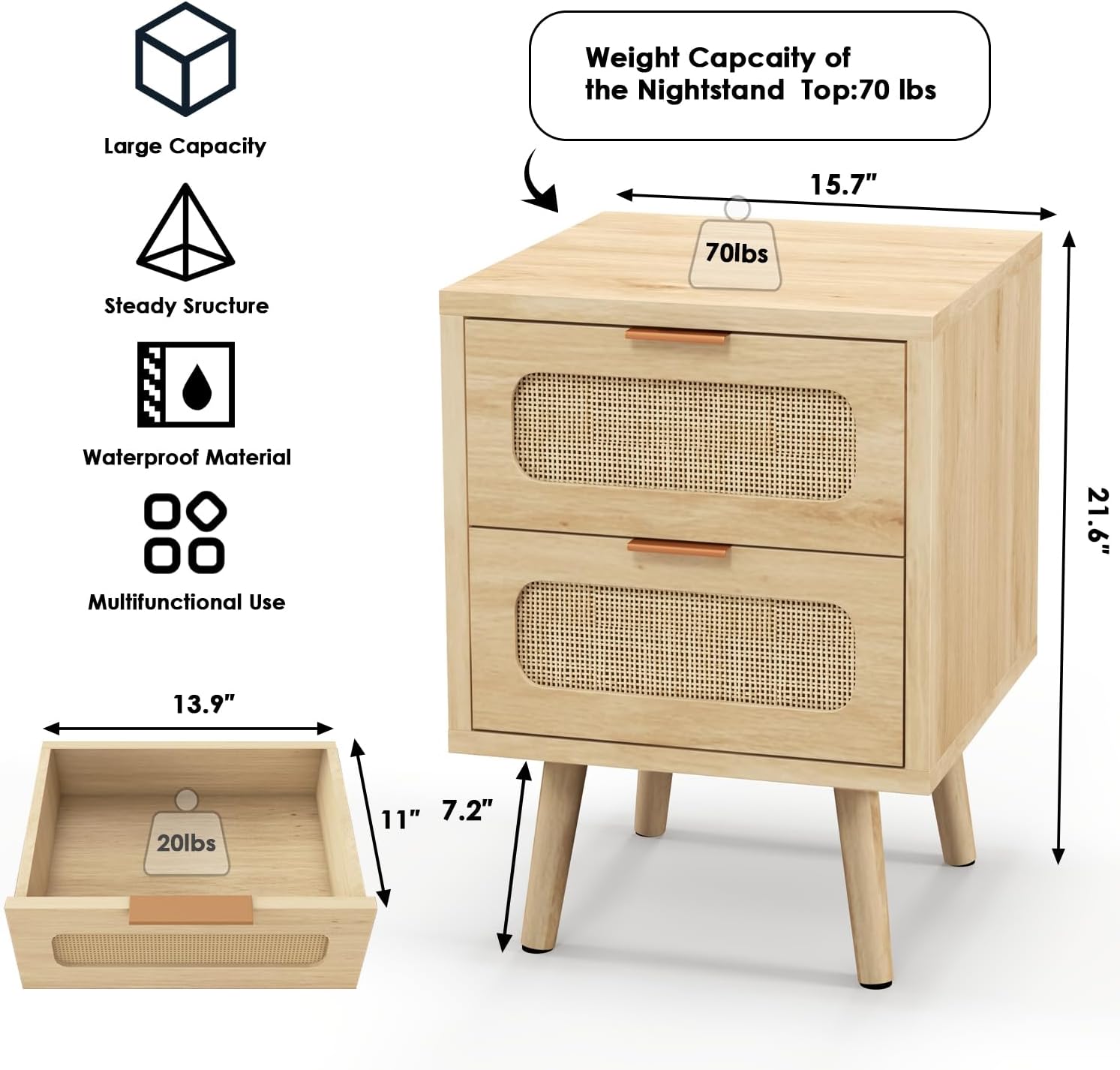 Rattan Nightstand Set of 2, Small Night Stand Bedside Table, Mid Century Modern Nightstand with 2 Drawer, Boho Natural Wood Side Table for Bedroom, Small Space, Light Oak
