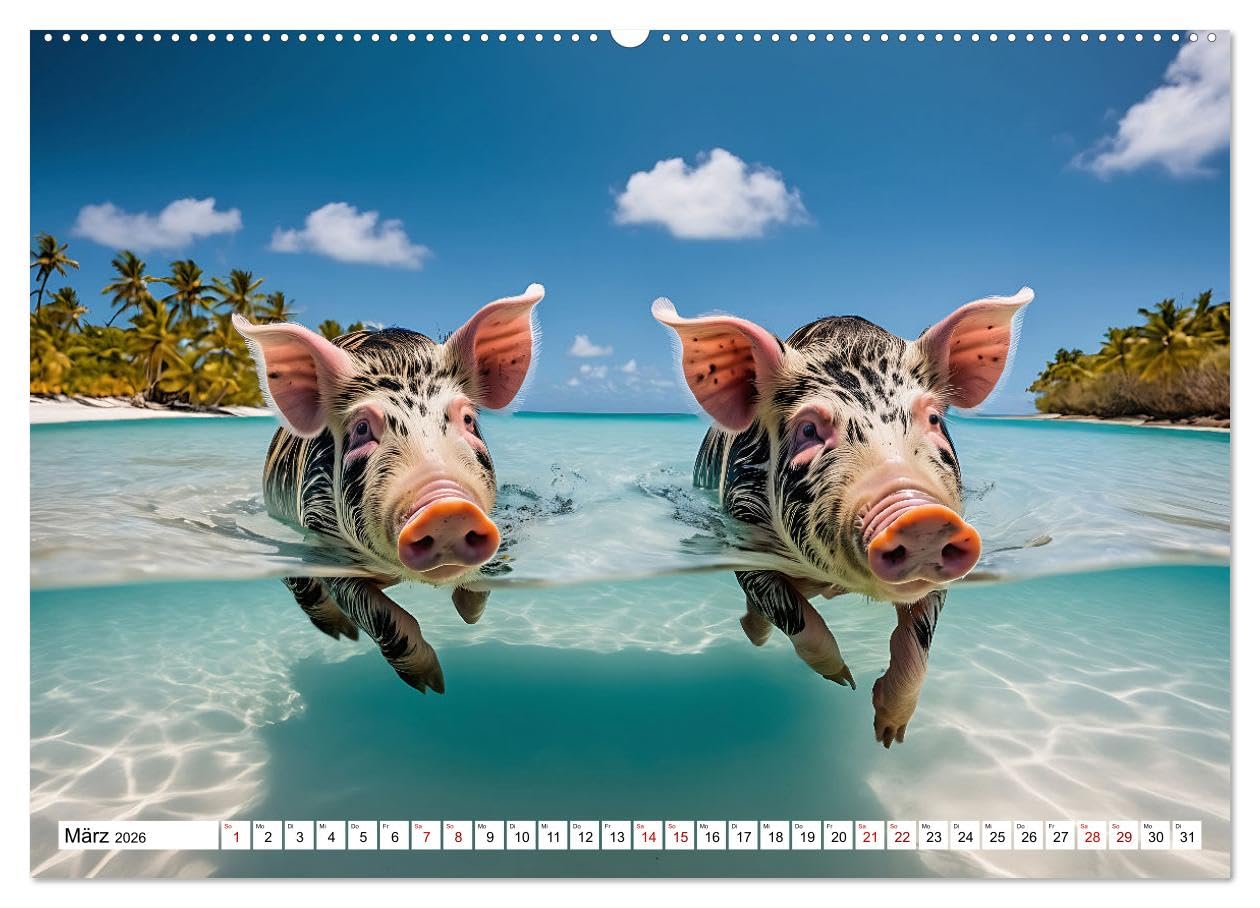 Schwimmende Schweine im Paradies (hochwertiger Premium Wandkalender 2026 DIN A2 quer), Kunstdruck in Hochglanz: Niedliche Schweinchen tummeln sich an ... in kristallklaren Gewässern (CALVENDO Tiere)