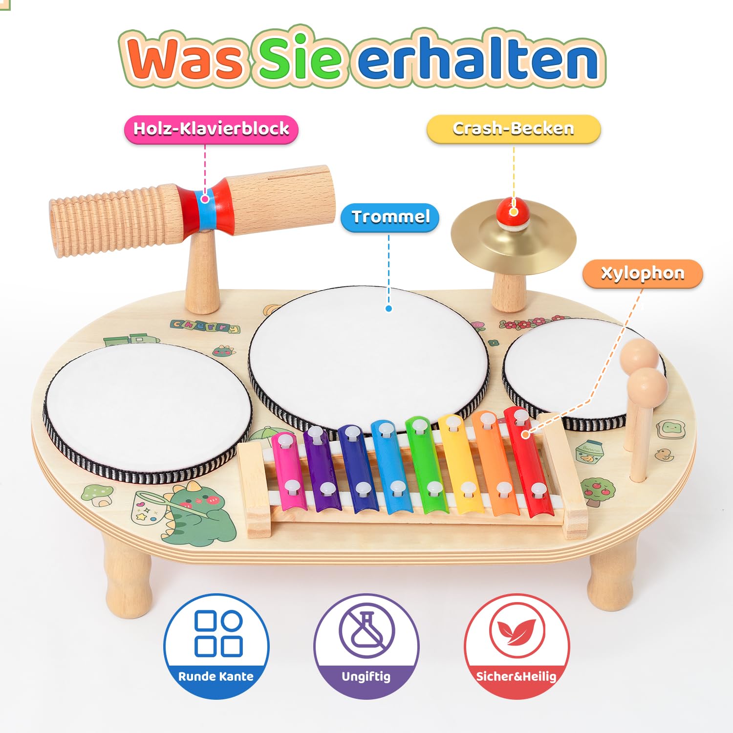 Schlagzeug Kinder, 8 In 1 Kinder Trommel Set, Musikspielzeug Musikinstrumente mit Xylophon, Holz Montessori Spielzeug für Jungen und Mädchen