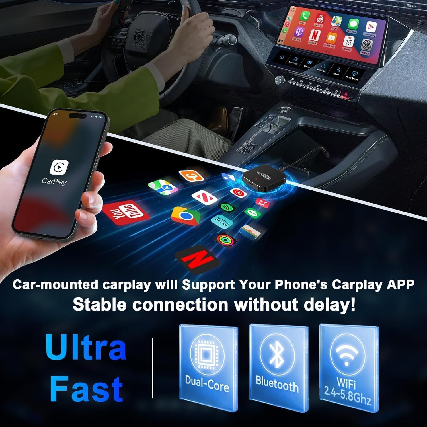 2026 Wireless CarPlay & Android Auto Adapter supporta Netflix/YouTube/TF – Plug & Play, Magic Video Box compatibile con CarPlay & Android Auto di fabbrica (4GB RAM+16GB)