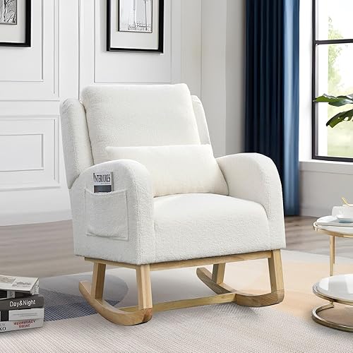 Antetek Rocking Glider Chair for Nursery, Wingback Accent Rocker Chair Upholstered Tall Back Arm Chair w/Side Pockets, Modern Leisure Single Sofa
