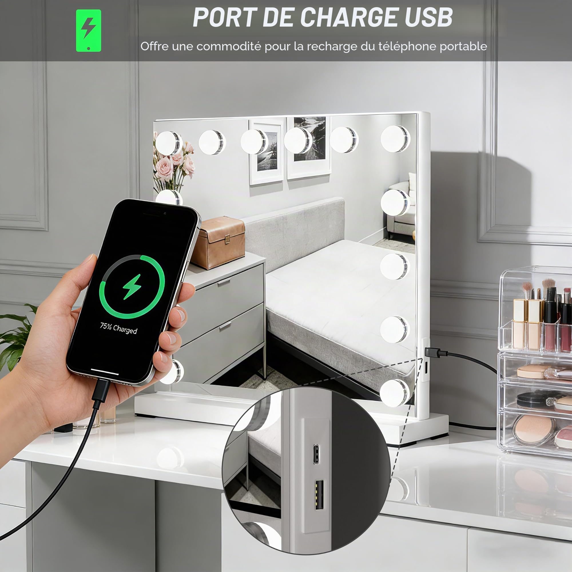Miroir de Maquillage Hollywood avec Lumière, Miroir Coiffeuse LED 50x42 cm avec 14 Ampoules Variable, 3 Modes Couleur, Port de Charge USB, Contrôle Tactile et Miroir Grossissant, Fixation Murale ou su