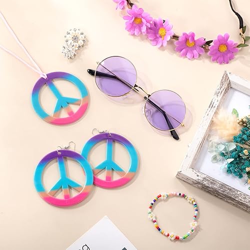 Miniatura 4 de Batiyeer Juego de 6 accesorios de disfraz hippie bohemio, símbolo de la paz, margarita, flor de los años 60 y 70, decoración para fiestas geniales