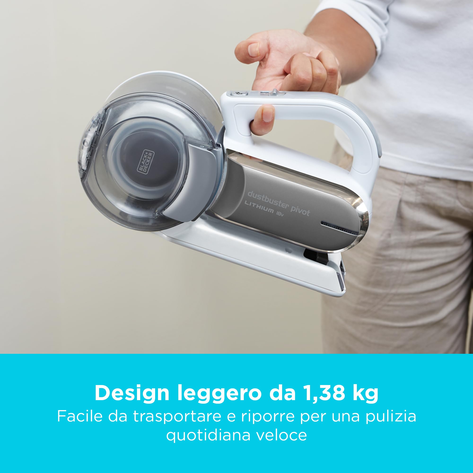 BLACK+DECKER Aspirapolvere portatile Cordless 18V con ugello girevole, 8 posizioni di pulizia, dock di ricarica e accessori, PV1820L-QW