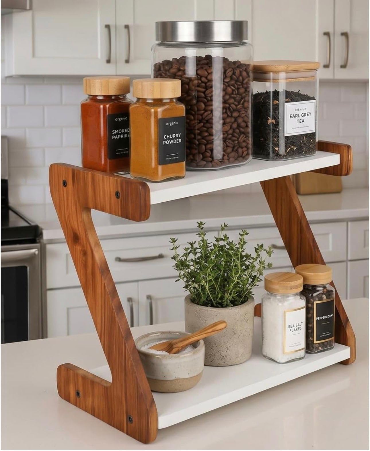 LUXENWOOD Wooden Spice Rack Organizer – 2 Tier Kitchen Counter Organizer Stand | White Shelves Storage Rack for Spices, Condiments & Kitchen Essentials - 33 x 16 x 25 cm
