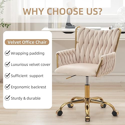 Miniatura 6 de Westice Silla de escritorio de terciopelo, cómoda silla dorada para oficina en casa con respaldo tejido a mano, silla giratoria de altura ajustable