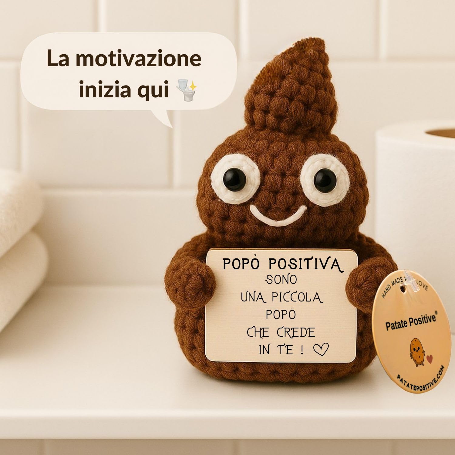 Popo Positivo© | Regalo Simpatico e Divertente | Idea Buffa | Festa & Compleanno | Uomo Donna Bambino Ragazzo | Uncinetto Cacca Bagno| Peluche Motivazionale | Amico Collega Ufficio | Giocattolo Comico