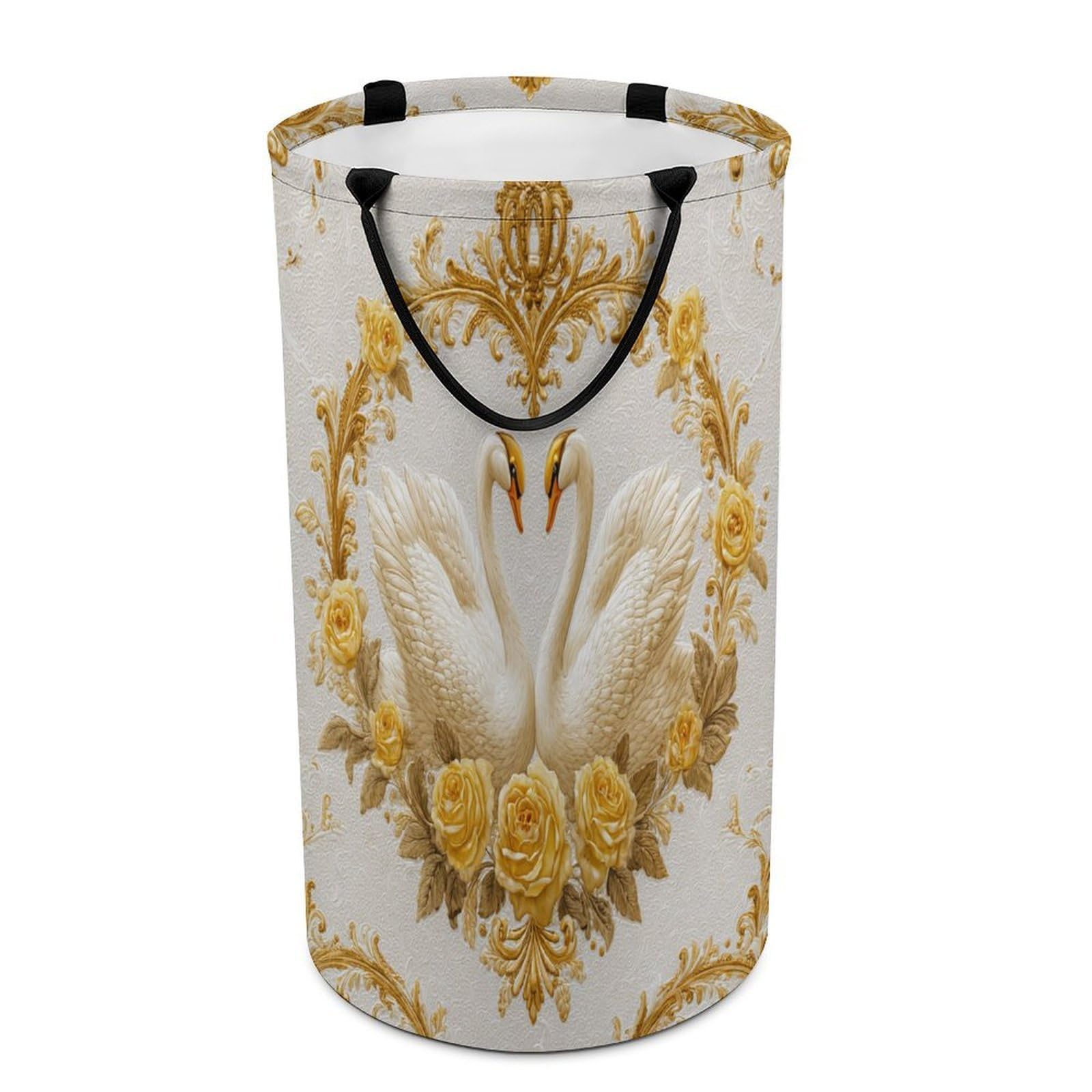 LUYYSKY Romantic Luxury Swans Couples Versatile Storage Laundry Basket, Fantasy Watercolor Plants Roses Floral Animals Swans Pattern Large Capacity Bathroom Hamper With Handle