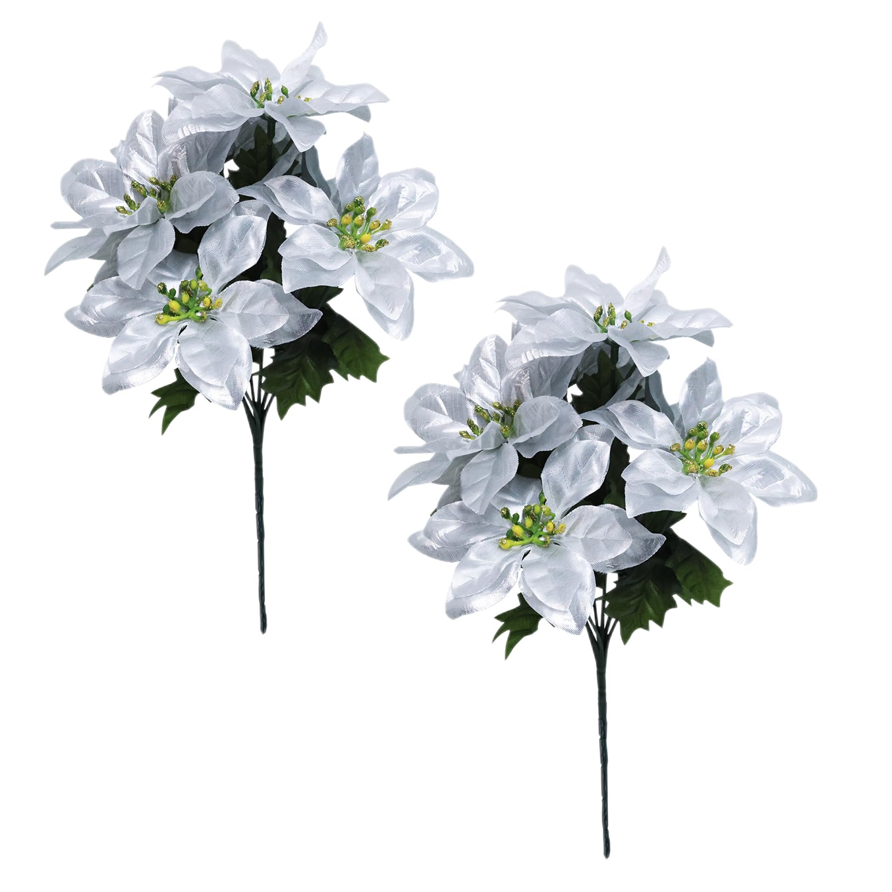 Poinsettia Artificial Flowers 7 Heads Artificial Poinsettia Bushes Fake Flowers Artificial Christmas Flower Silk Poinsettia Arrangement for Christmas Tree New Year Holiday Decoration (Silver, 2 PCS)