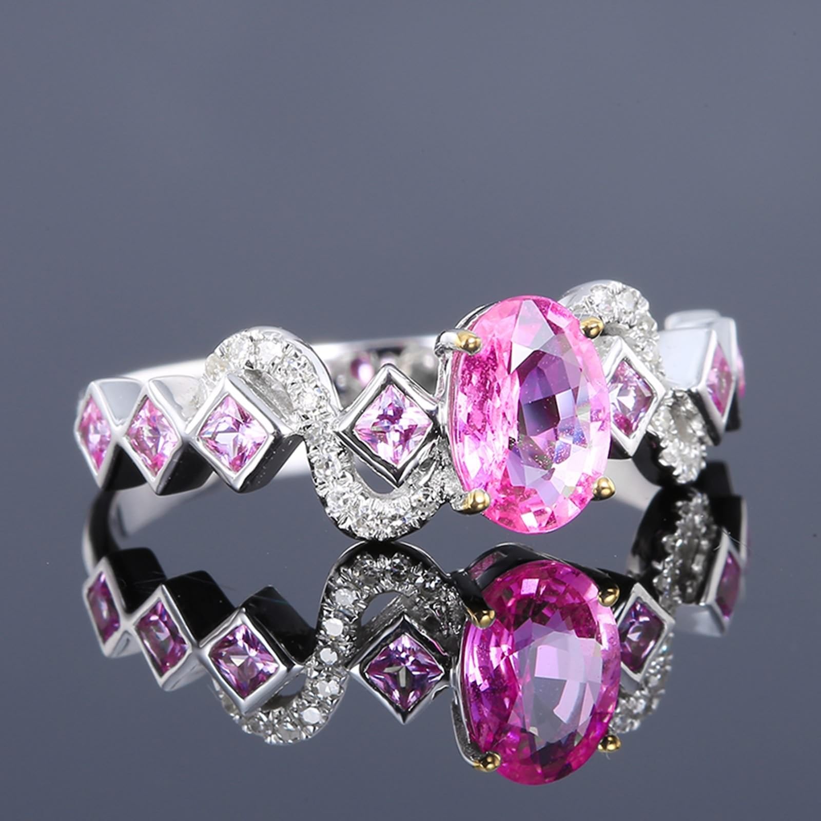 Anillo de boda de oro blanco de 18 quilates, zafiro rosa ovalado, anillo promise ovalado con zafiro rosa de 1,07 quilates y anillo de diamante para mujer