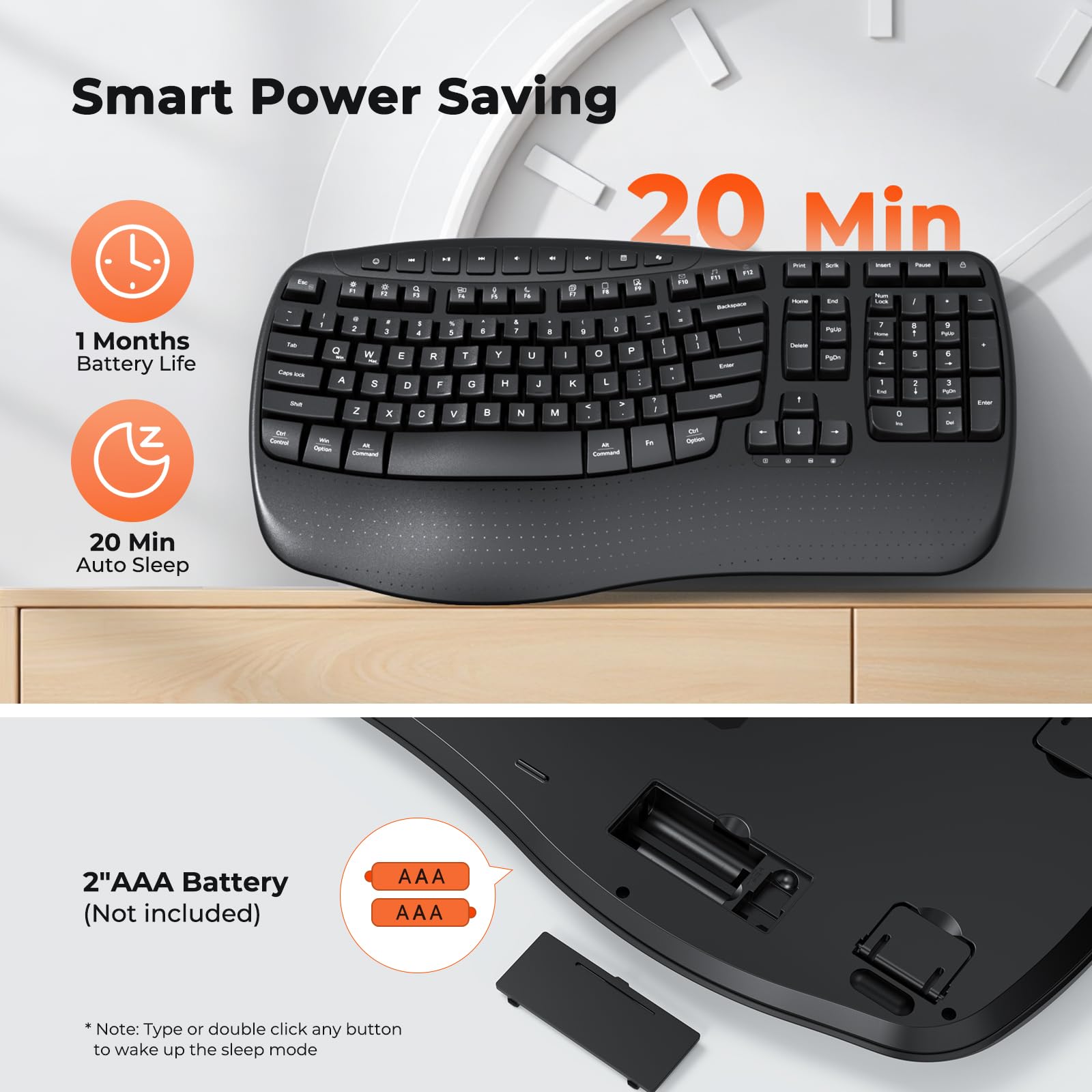 Doci Tastiera ergonomica senza fili, tasti ondulati, tastiera di digitazione naturale, ricevitore cordless USB-A 2.4G e adattatore USB-C, tastiera per computer Ergo, Windows/Mac/PC/laptop, nero