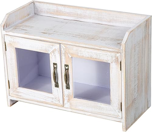 Miniatura 4 de ExoLiry Armario organizador de madera blanca rústica para encimera, estante organizador de ventana de cristal, puertas de madera, cesta de cocina,