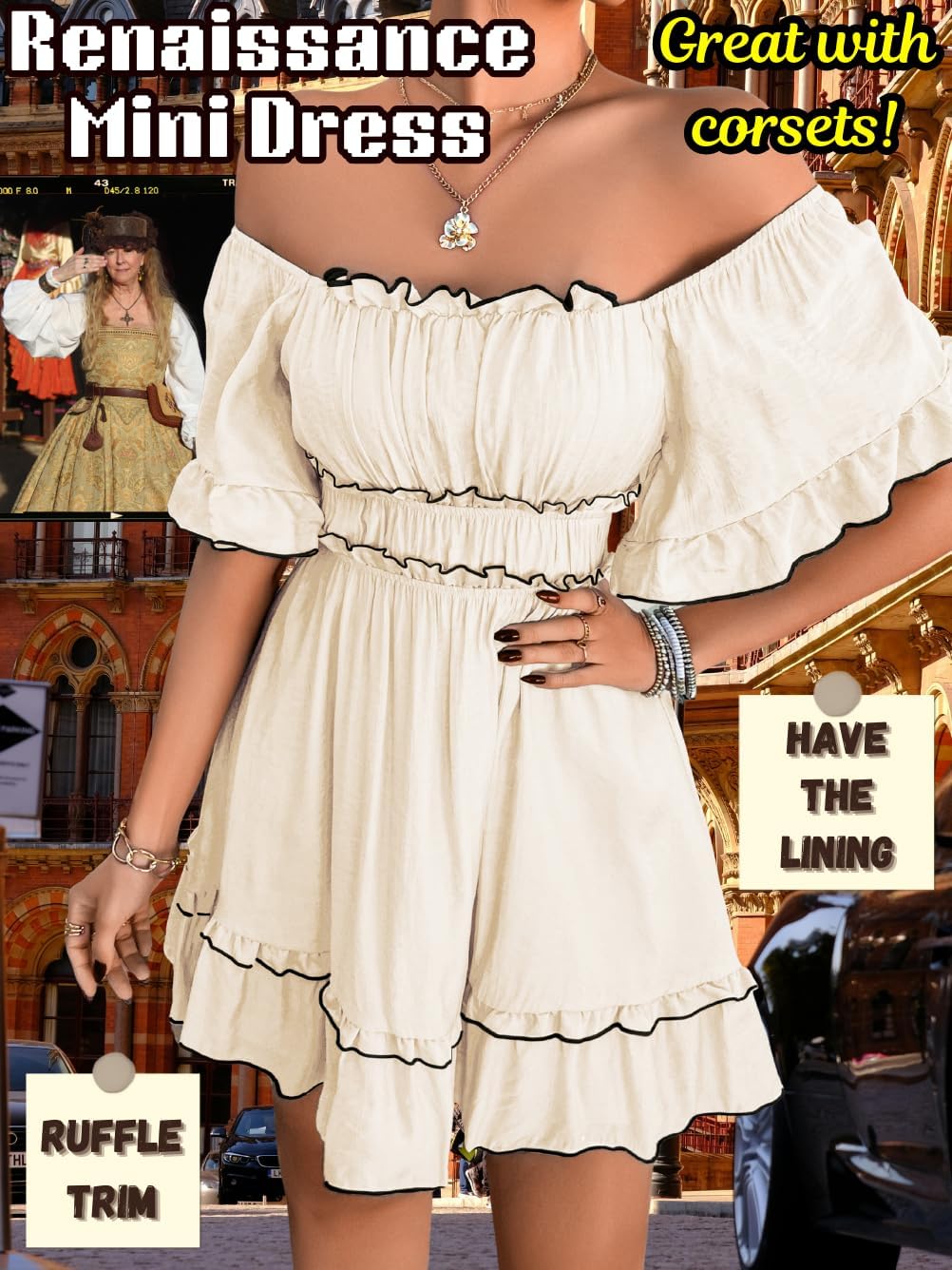 Women's Renaissance Dress, Flutter Sleeve Off Shoulder A-Line Empire Waist Fairy Sundress - Image 3