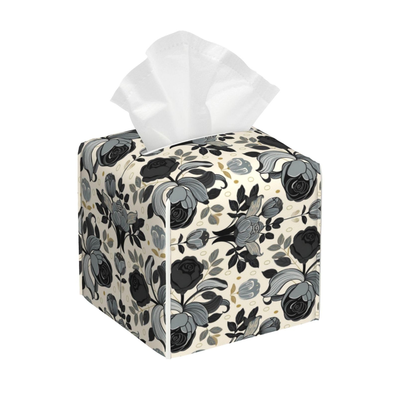 Decorative Square Tissue Box Cover, Floral Pattern, Black and Gray Roses, PVC Leather, Waterproof Lightweight, Tissues Holder with Storage