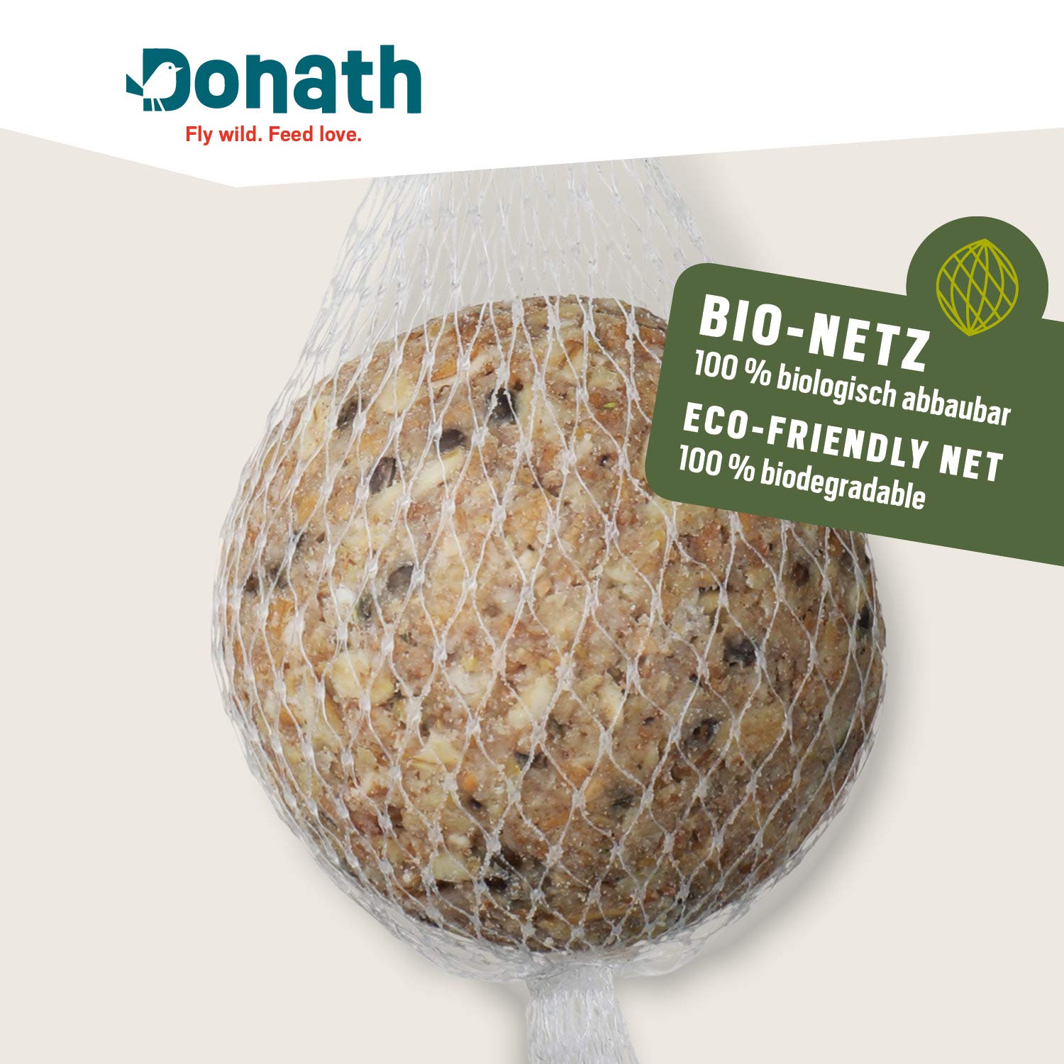 Donath Energie-Knödel Hanf im Bio-Netz - Meisenknödel im Bio-Netz - 100g je Knödel - Extraportion Hanfsamen - wertvolles Ganzjahres Wildvogelfutter - unsere Manufaktur in Süddeutschland - 6er Karton