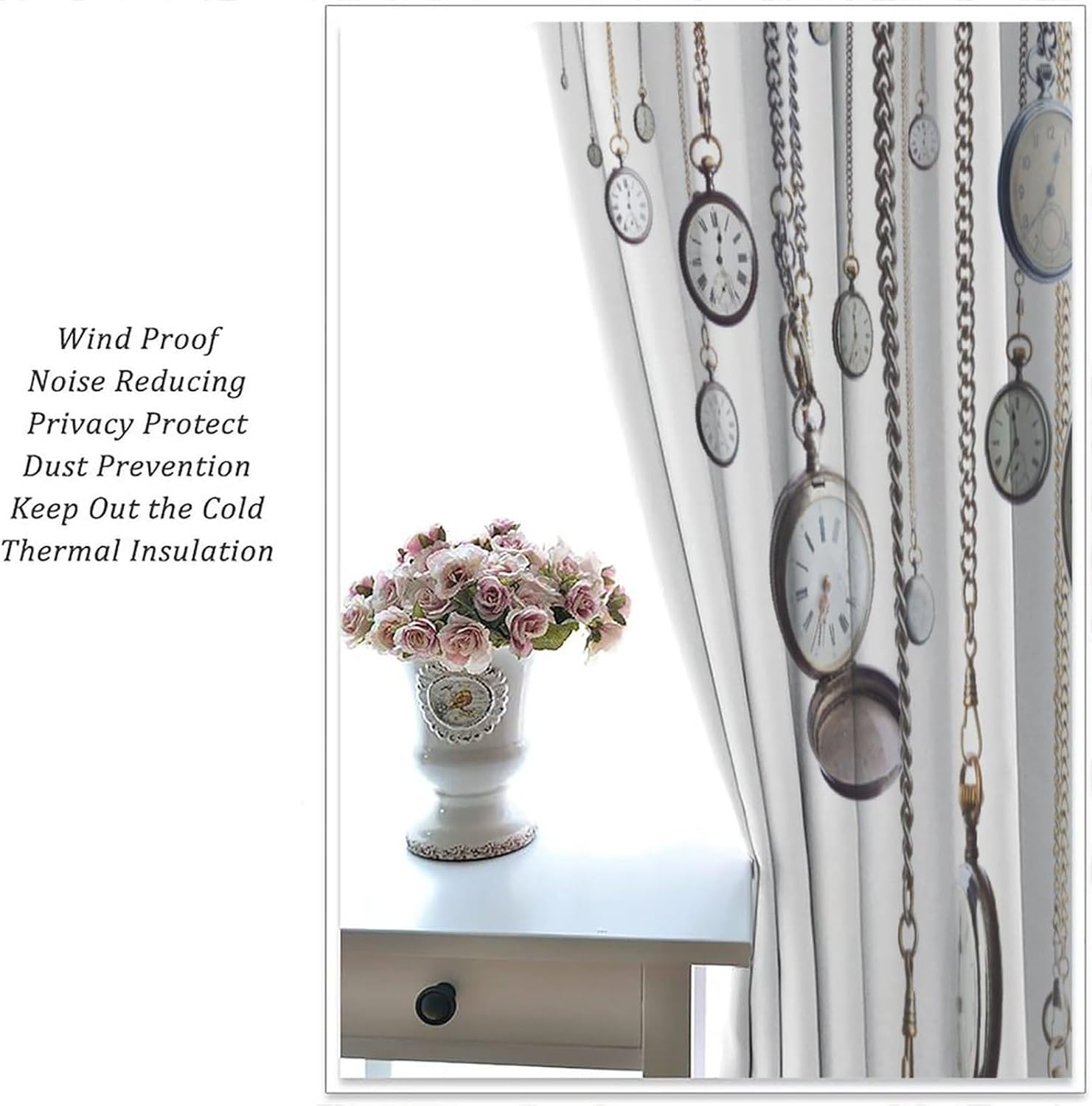 JESTRONRY Antique Clocks Curtains, Many Pocket Old Style Clocks on Watch Chain Rod Sleeves Window Drapes for Living Room Bedroom Kitchen Bathroom Home Decor W63xL72in