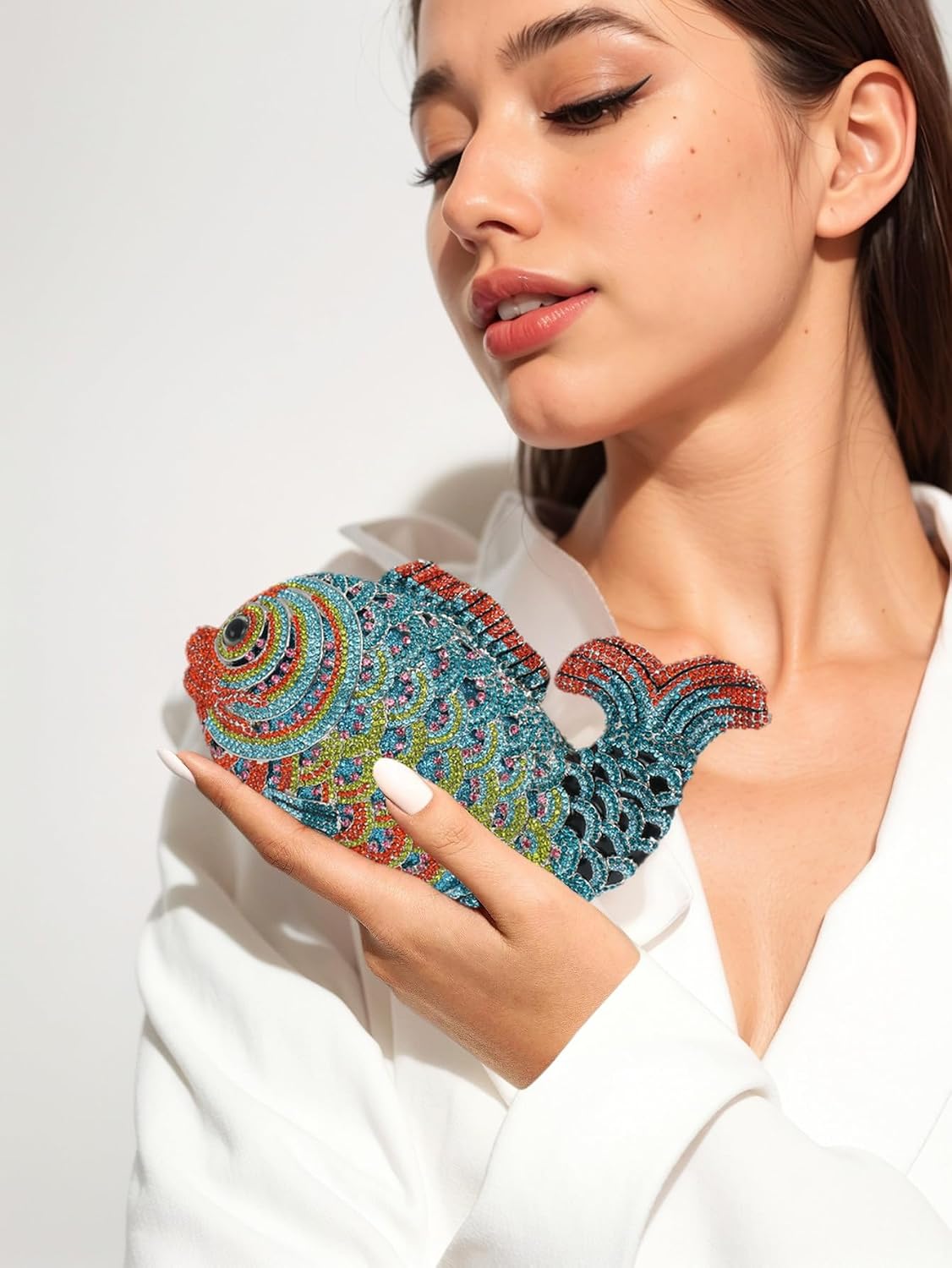 Women Mini Fish Clutch Luxury Rhinestones Purse Sparkling Banquet Handbag Wedding Party Clutch Bag