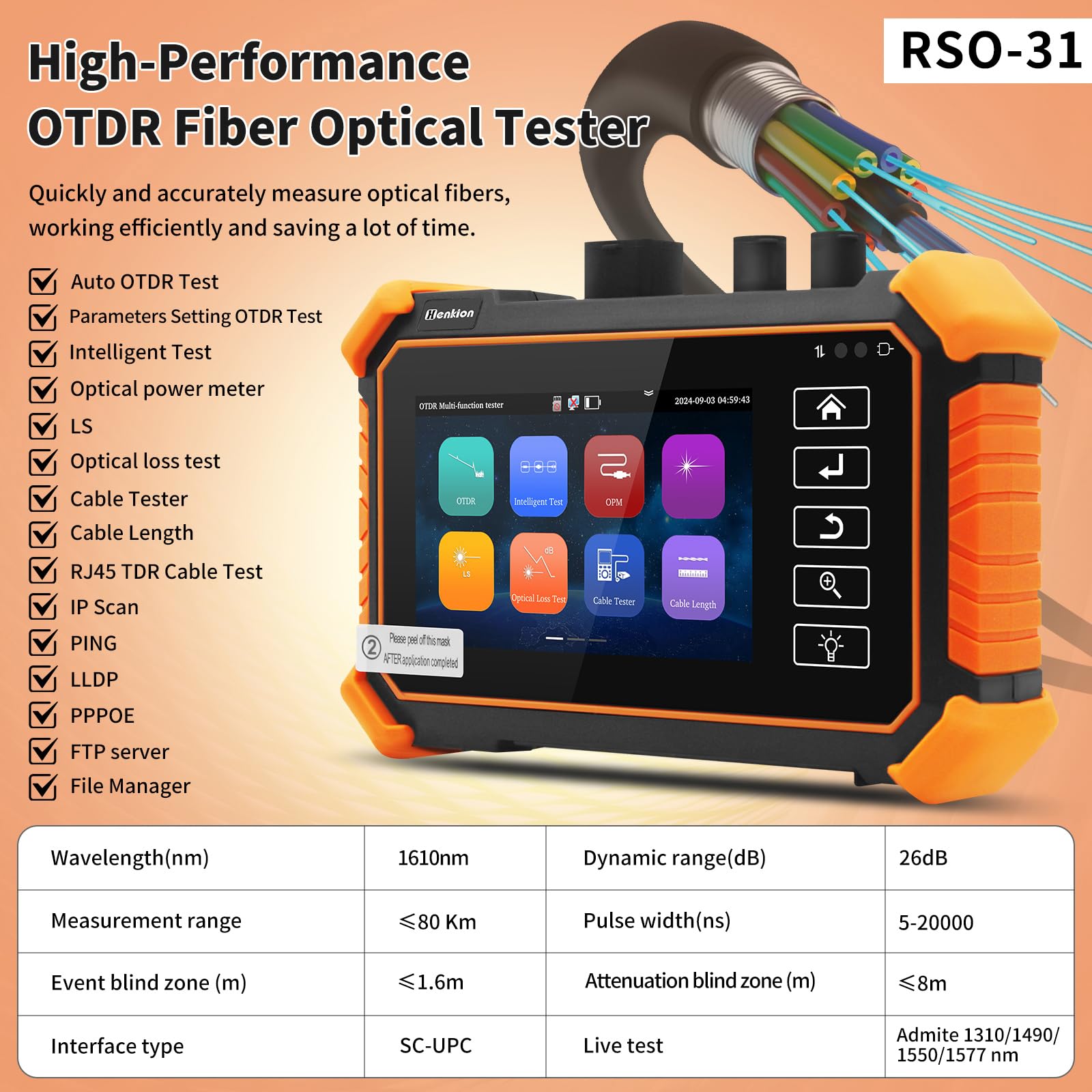Henkion OTDR Fiber Optic Tester 1610nm 26dB, Comprobador de fibra óptica compatible con OPM, LS, OLS, VFL, tarjeta de eventos, UTP/RJ45 TDR prueba de cable/comprobador de cable de longitud