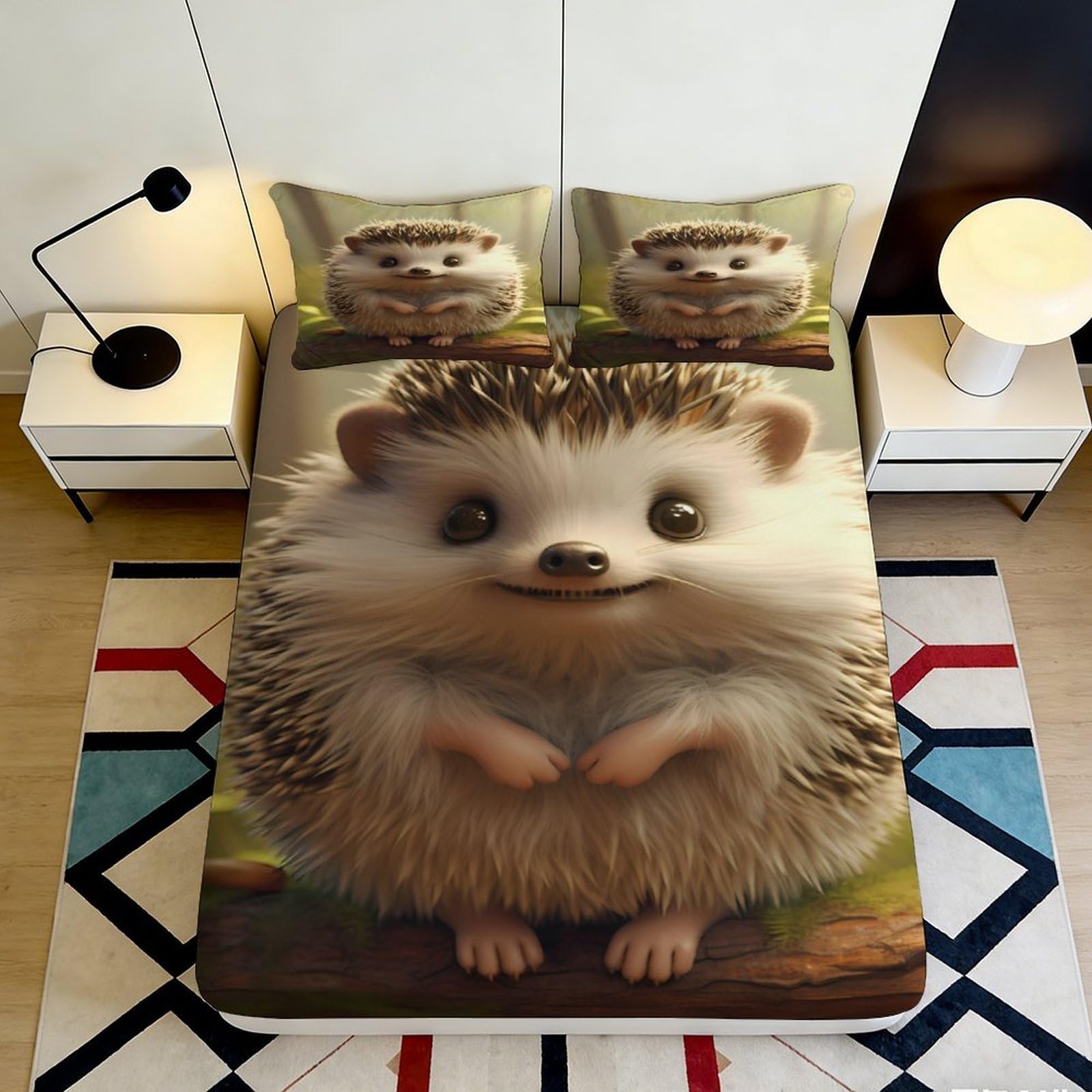 3D Printed Cartoon Hedgehog Fitted Sheet Microfiber Deep Pocket Non-Slip Hedgehog Mattress Fitted Cover for Adults Teens Bedroom 160x200x25cm