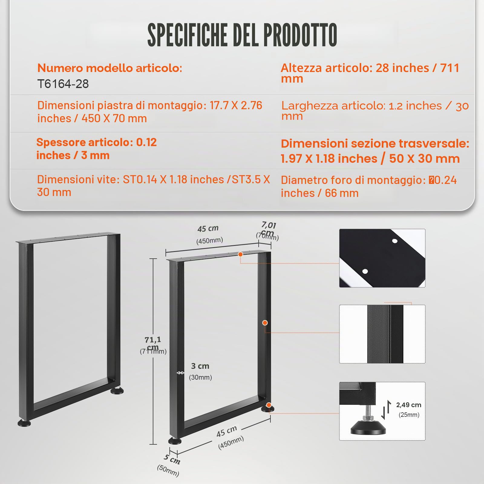 VEVOR Gambe per Tavolo Quadrate da 2 Pezzi con Piastra di Montaggio, Kit di Gambe per Scrivania Lunghezza 71 cm in Acciaio Capacità Carico max. 454 kg, Gambe per Mobili per Tavolo da Casa Ufficio