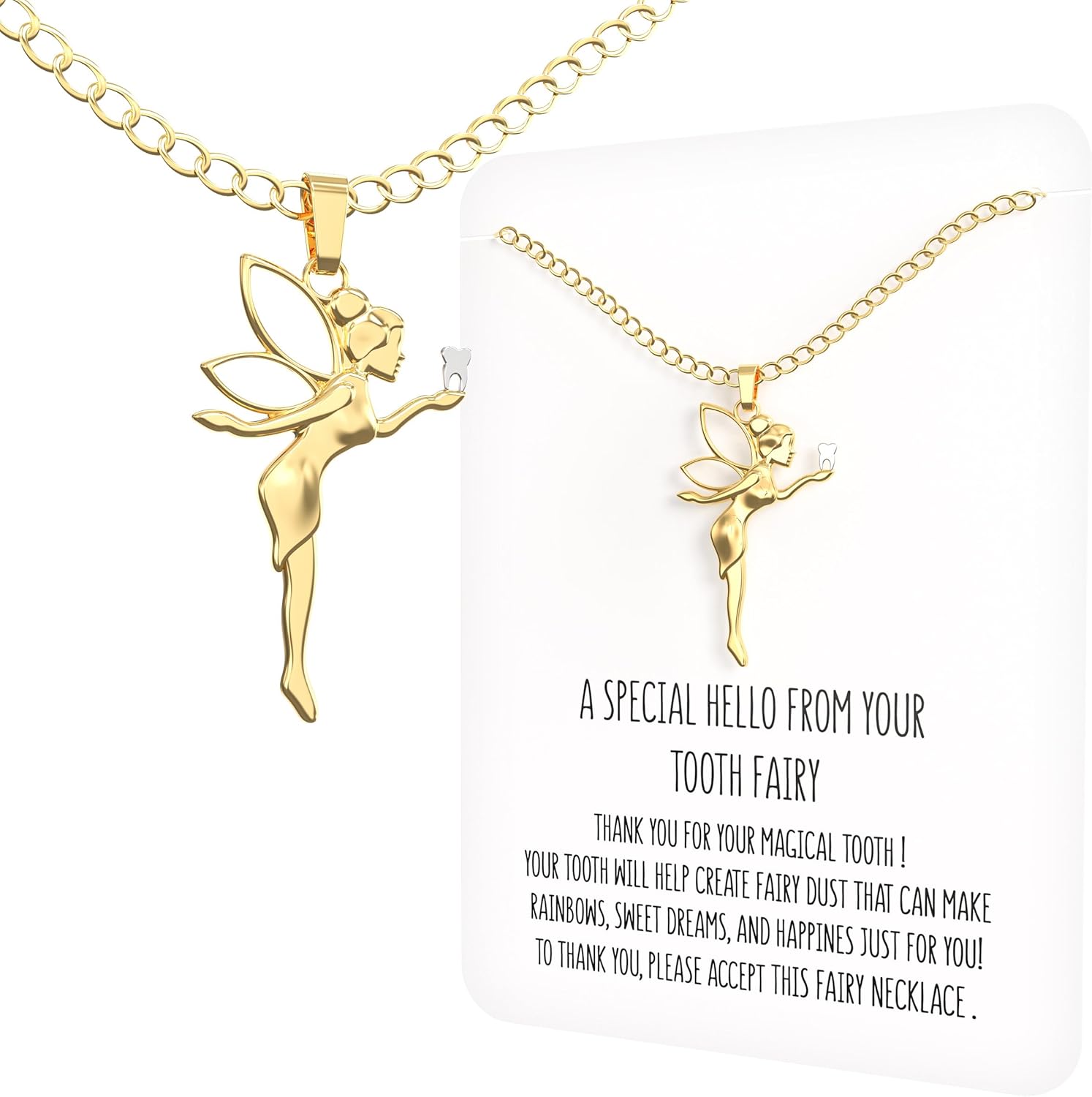 Happy Kisses Tooth Fairy Gift Necklace For Girls 5-7 With Card From Tooth Fairy - Add to Gifts Box or Kit for Under Pillow