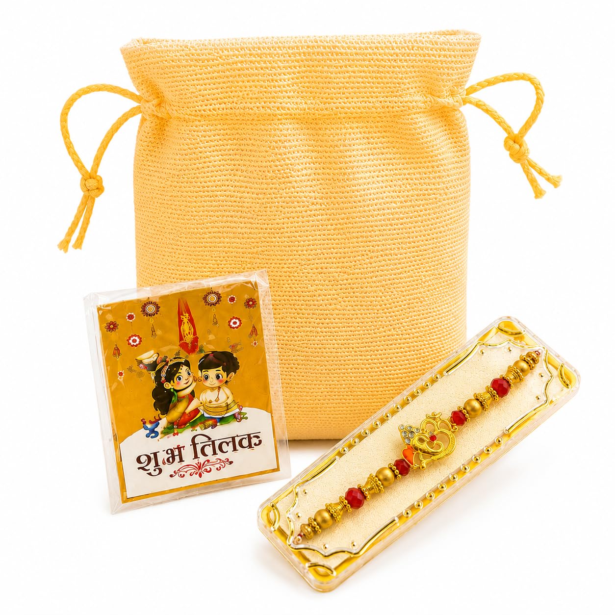 Premium Rakhi for brother with elegant OM Designer Rakhi Gift Hamper set with Potli bag and Roli & Chawal-image-26