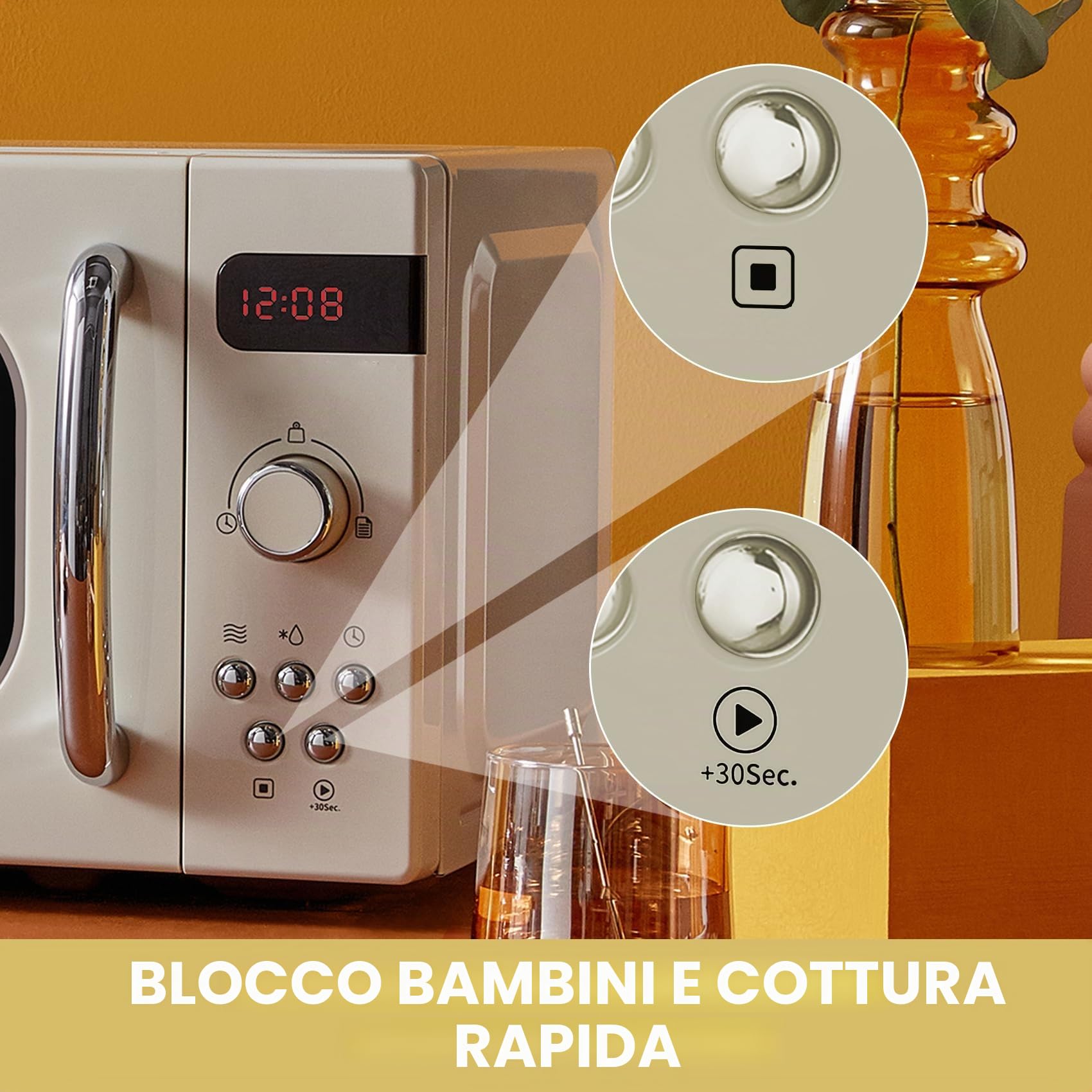 Comfee CMSRO 20 di cr Forno a microonde Retrò con 8 Menu Automatici, 5 Livelli di Potenza, Pulsante di Cottura Rapida, 20L, 800W, Crema