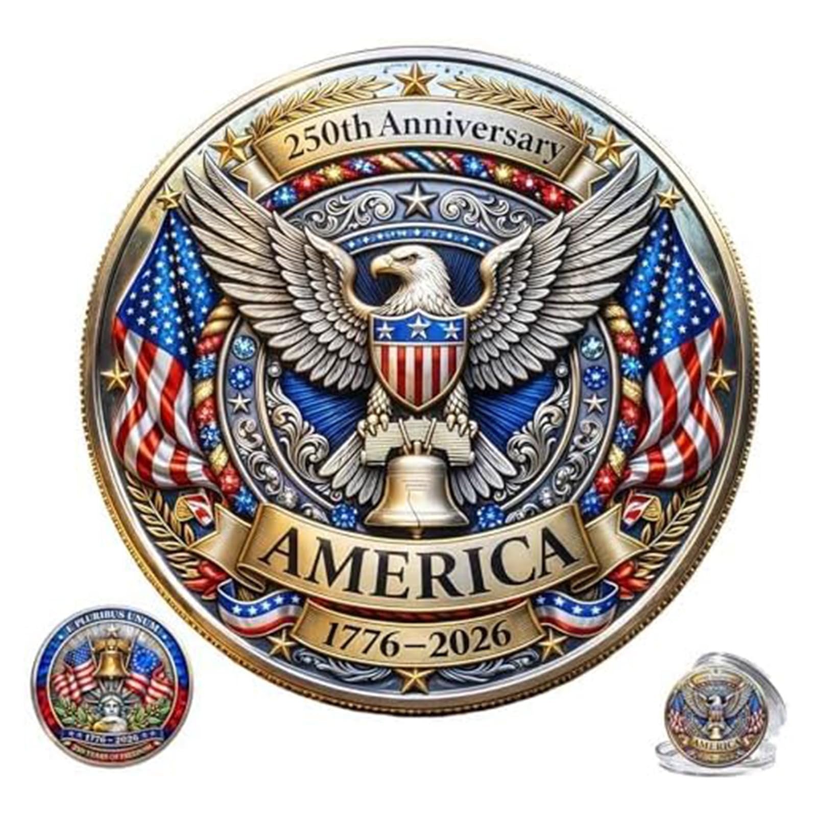 Moneta commemorativa 250° America 1776-2026, design fronte-retro, collezione, regalo patriottico, 1,77x1,77 pollici