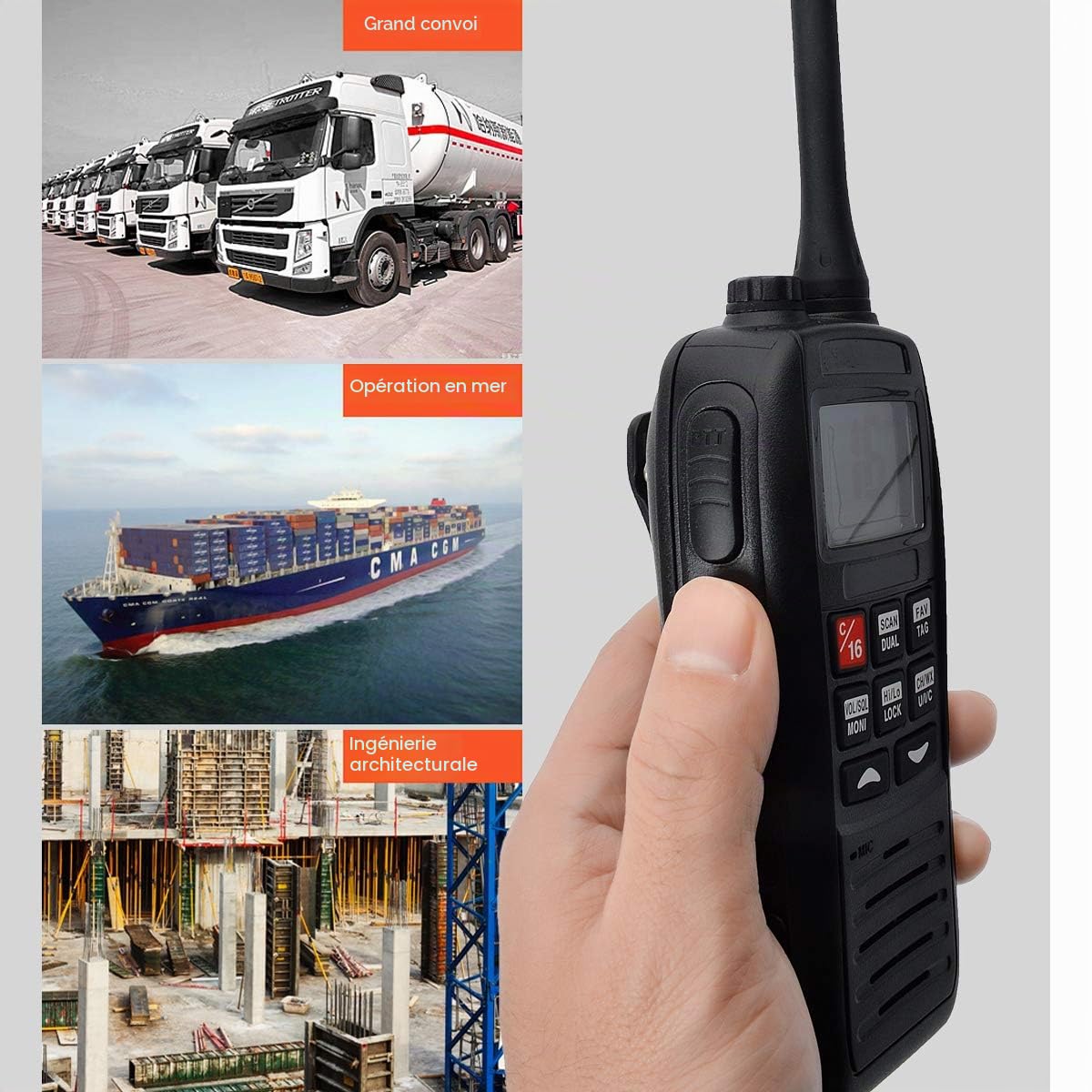 HYS TC-37M IPX7 Étanche VHF Portable Radio Marine Longue Portée Radio Marine LCD Rétroéclairage Automatique pour Bateaux