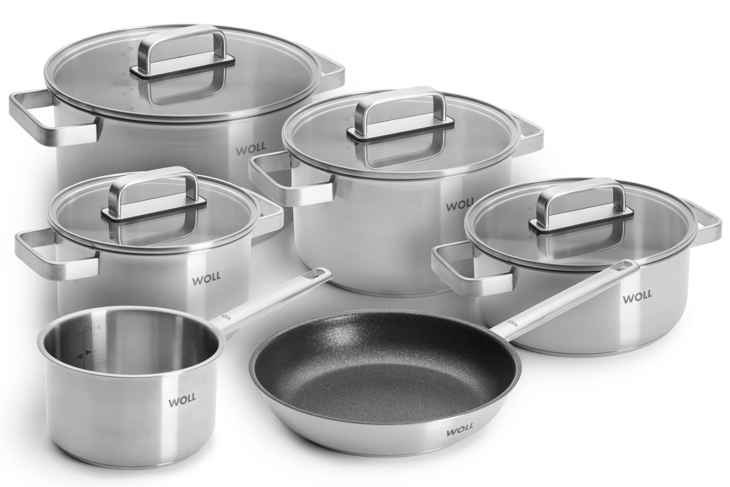 WOLL 10-teiliges Edelstahl Topfset Ø 16–24 cm mit Antihaftpfanne, induktionsgeeignet